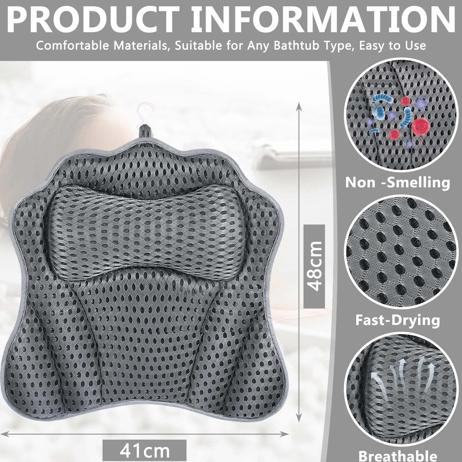 Oreiller de Bain Coussin Baignoire Technologie 4D Air Mesh 6 Ventouses Gris 41x48cm