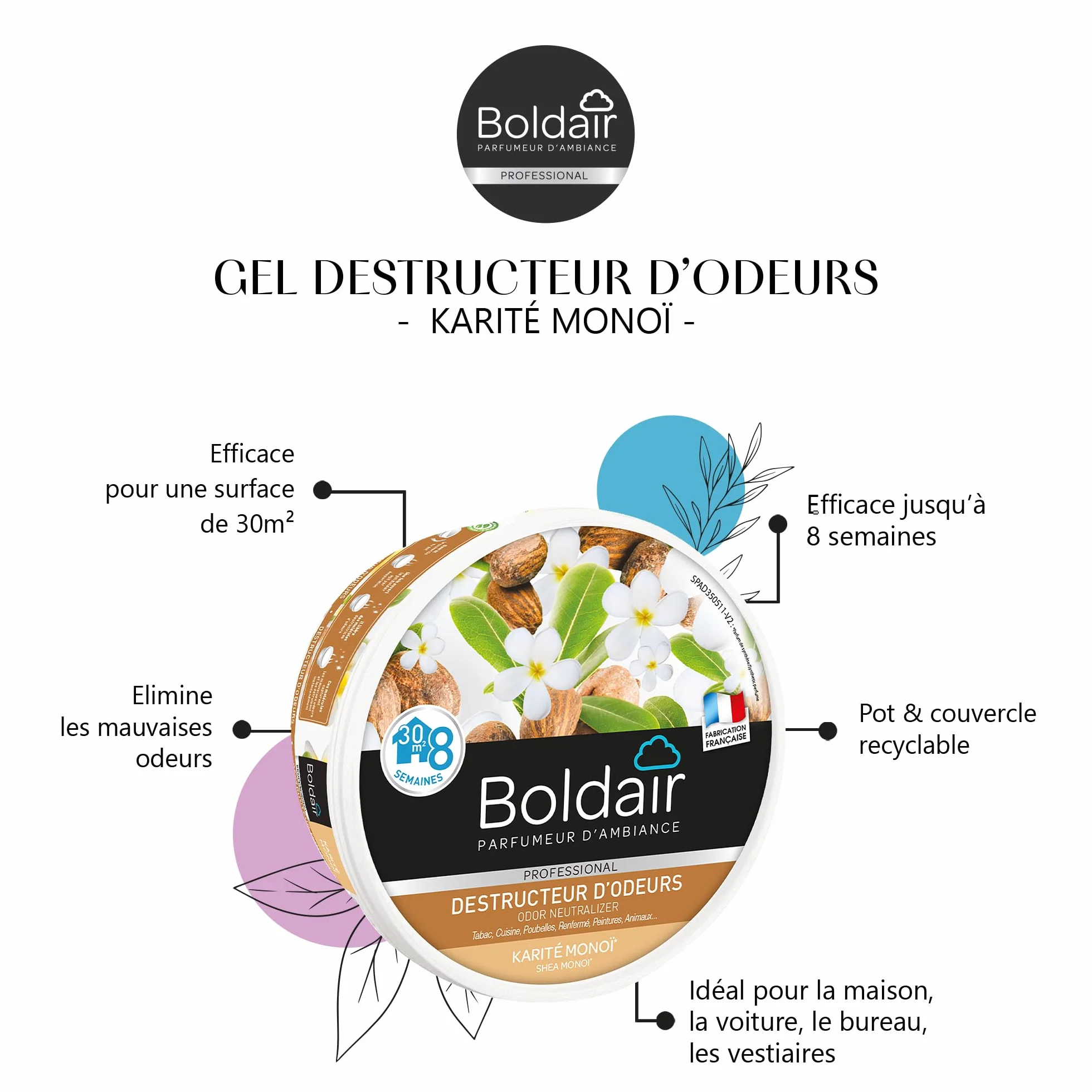 BOLDAIR Gel destructeur d'odeur Karité Monoï 300g Neutralise parfume Fabrication française