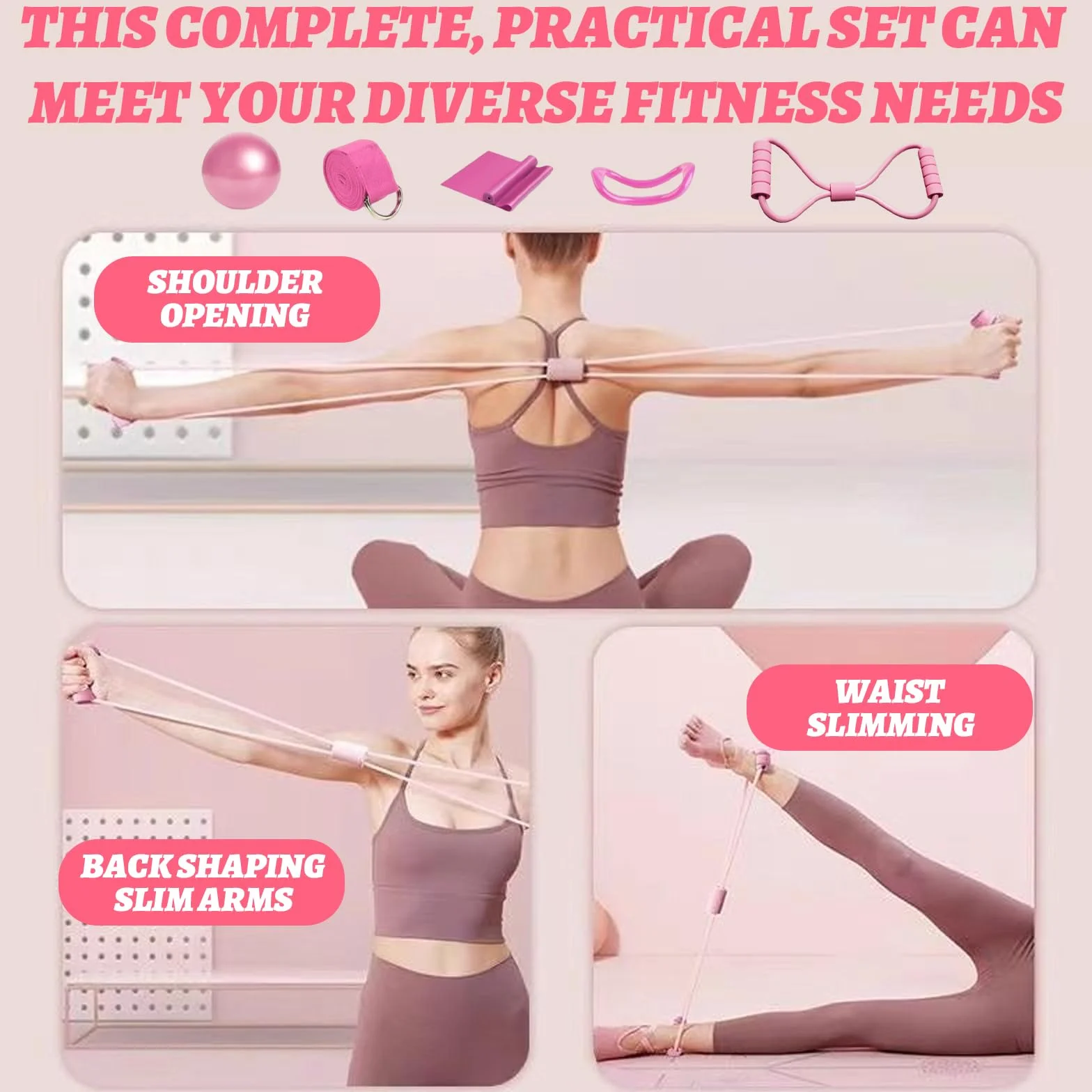 6 Pièces Kit Pilates Maison Accessoire Pilates Femme Kit: Yoga Ball, Resistance Bands, Pilate Ring, Yoga Band pour l'Entraînement à Domicile et en Studio (Rose)