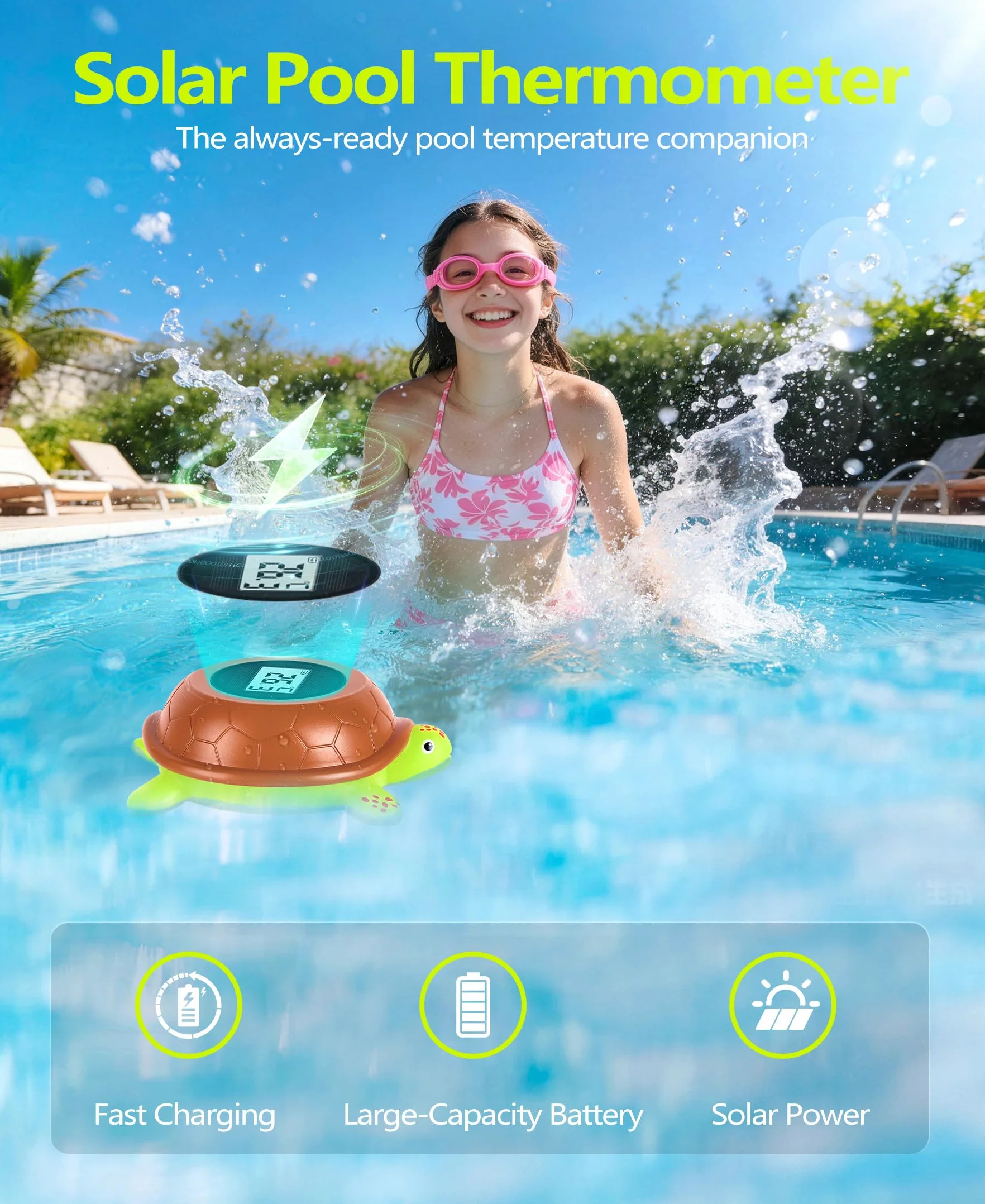 Thermomètre Flottant Piscine Solaire Numérique Rétroéclairage Tortue Digital Spa Ultra-Précis