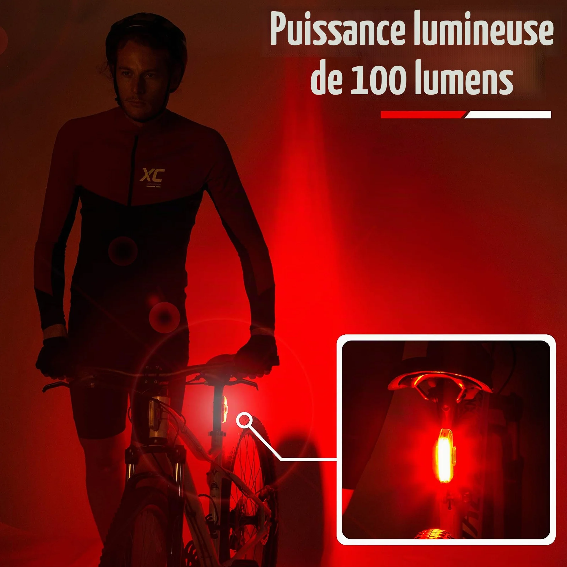 Feu arrière pour vélo rechargeable USB par Apace - Super lumineuse 100 Lumens Lampe arrière vélo ou VTT à LED Se clipse aisément pour servir d’Eclairage arriere rouge pour une sécurité optimale à vélo
