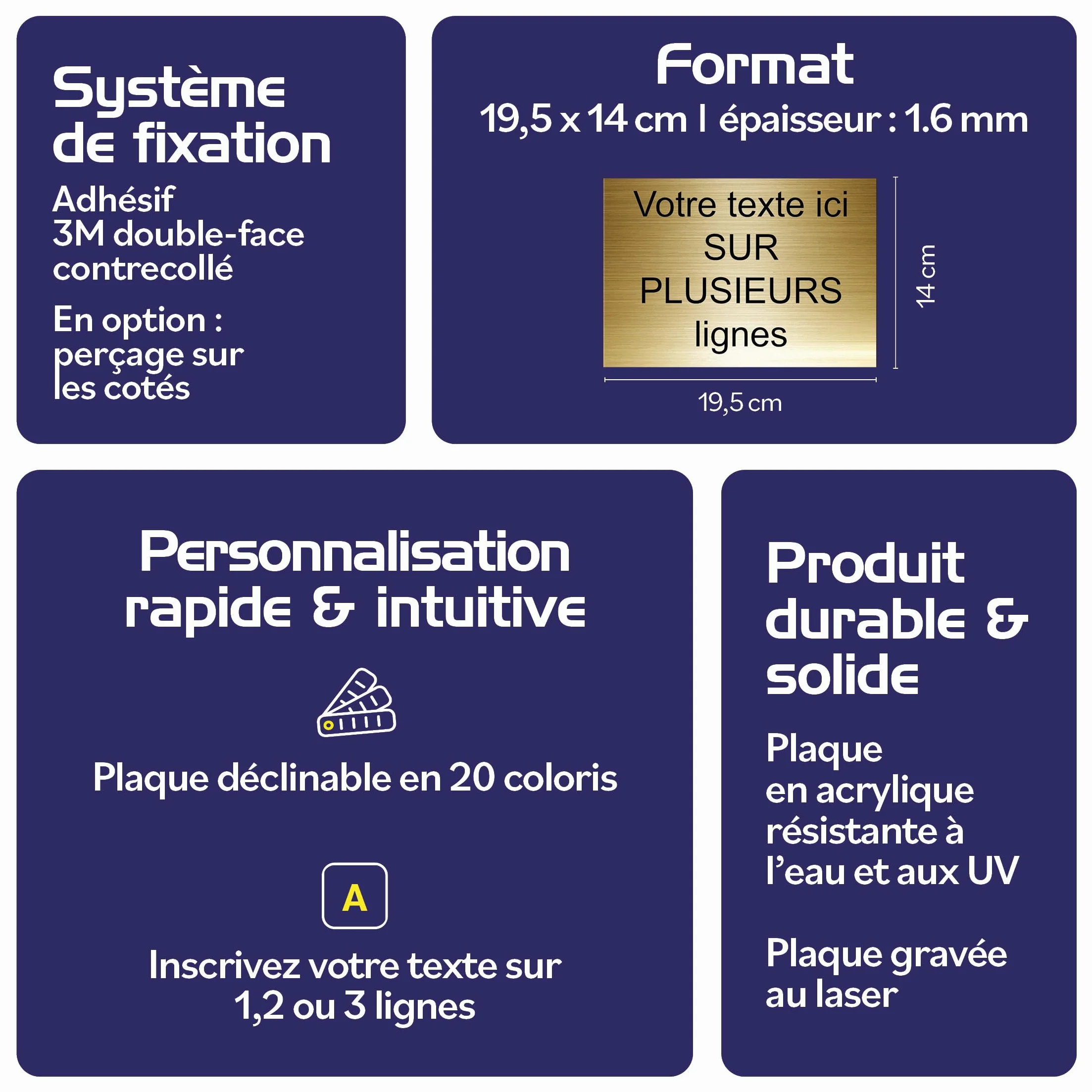 Plaque gravée personnalisée Alu Brossé 19,5x14cm autocollante 1-4 lignes