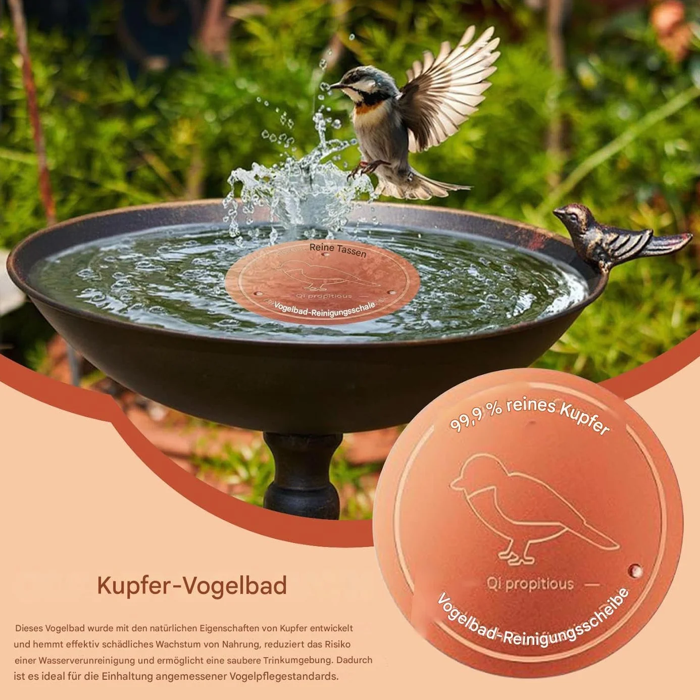 Bain d'oiseaux en cuivre avec support stable pour jardin