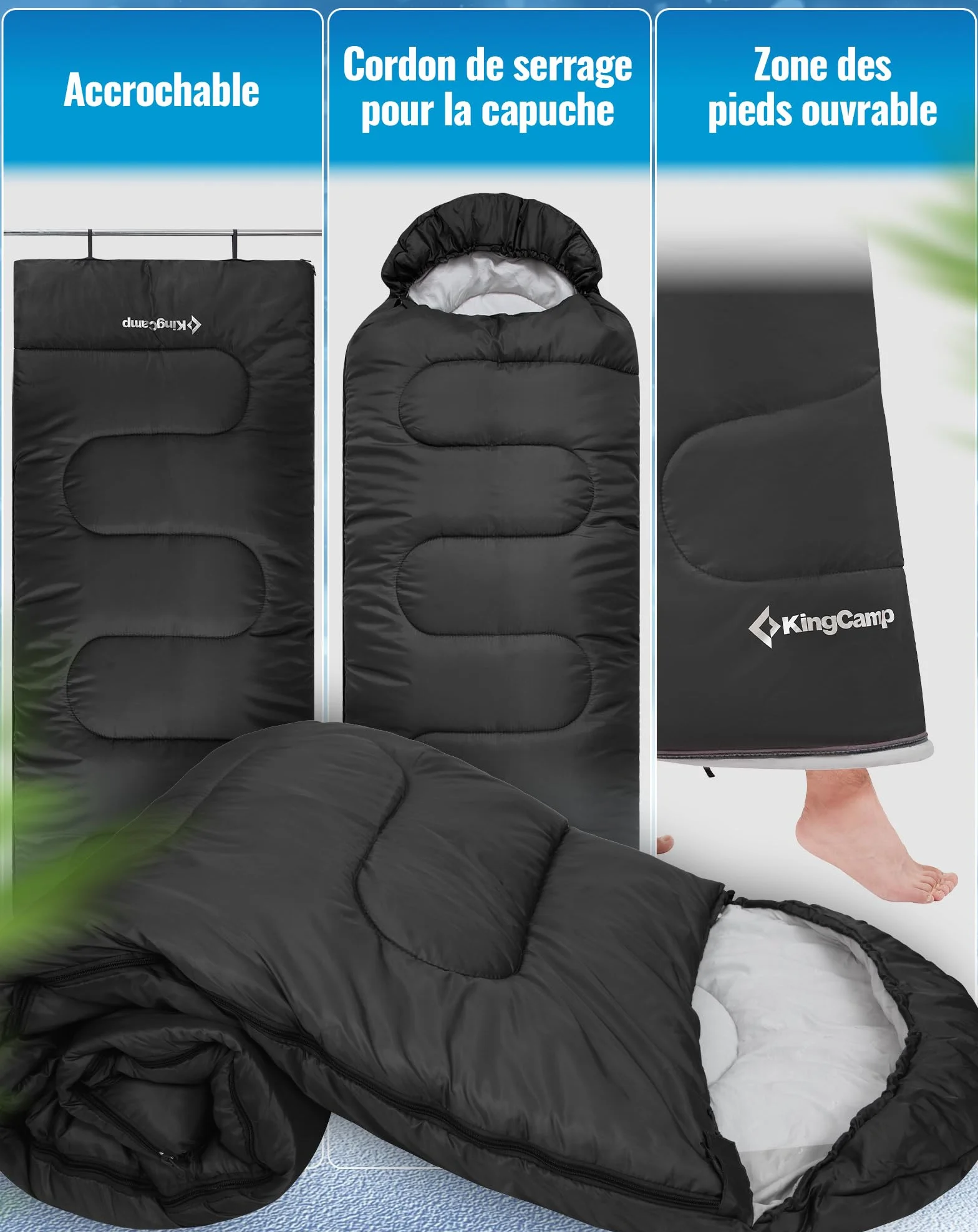 KingCamp Sac de Couchage Oasis 3-4 Saisons Imperméable et Léger pour Le Camping (Enfants et Adultes) - Reliable Gauche/Droite en Double Sac, Idéal pour Les Voyages et Activités Plein Air