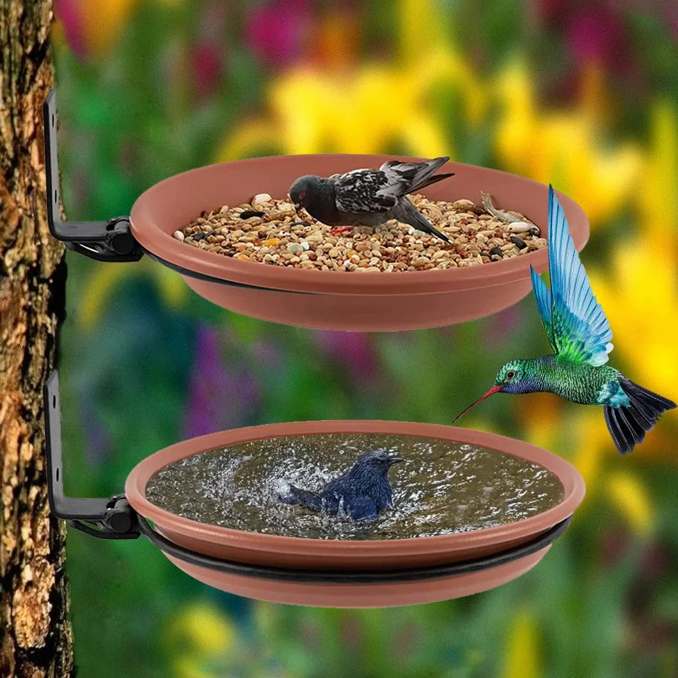 Abreuvoir Oiseaux Suspendre Mangeoire Exterieur Bain d'oiseaux Balcon Distributeur Nourriture Oiseaux Sauvages Baignoire (Brun)