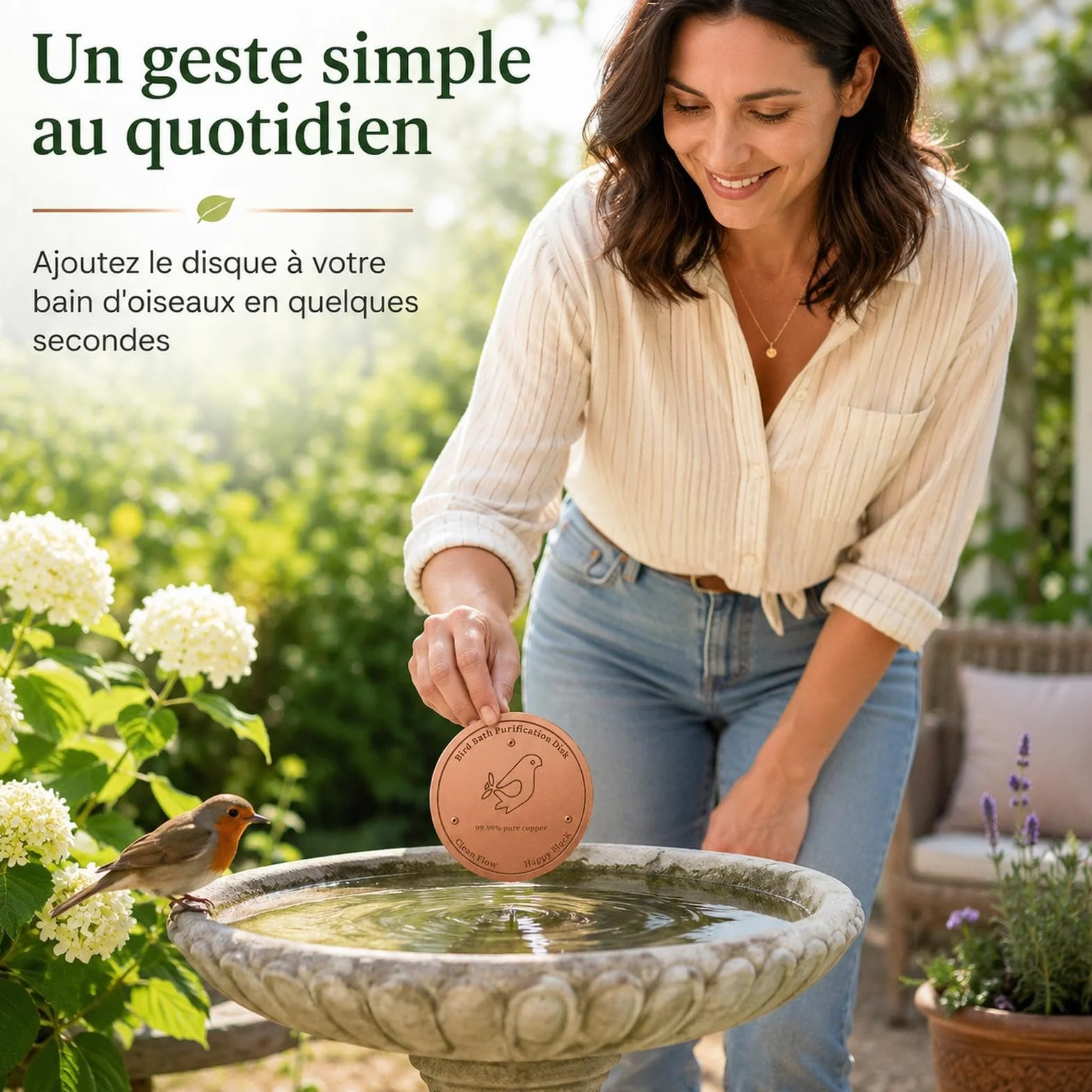 Disque de Nettoyage en Cuivre pour Bain d'Oiseaux avec Support Triple Point