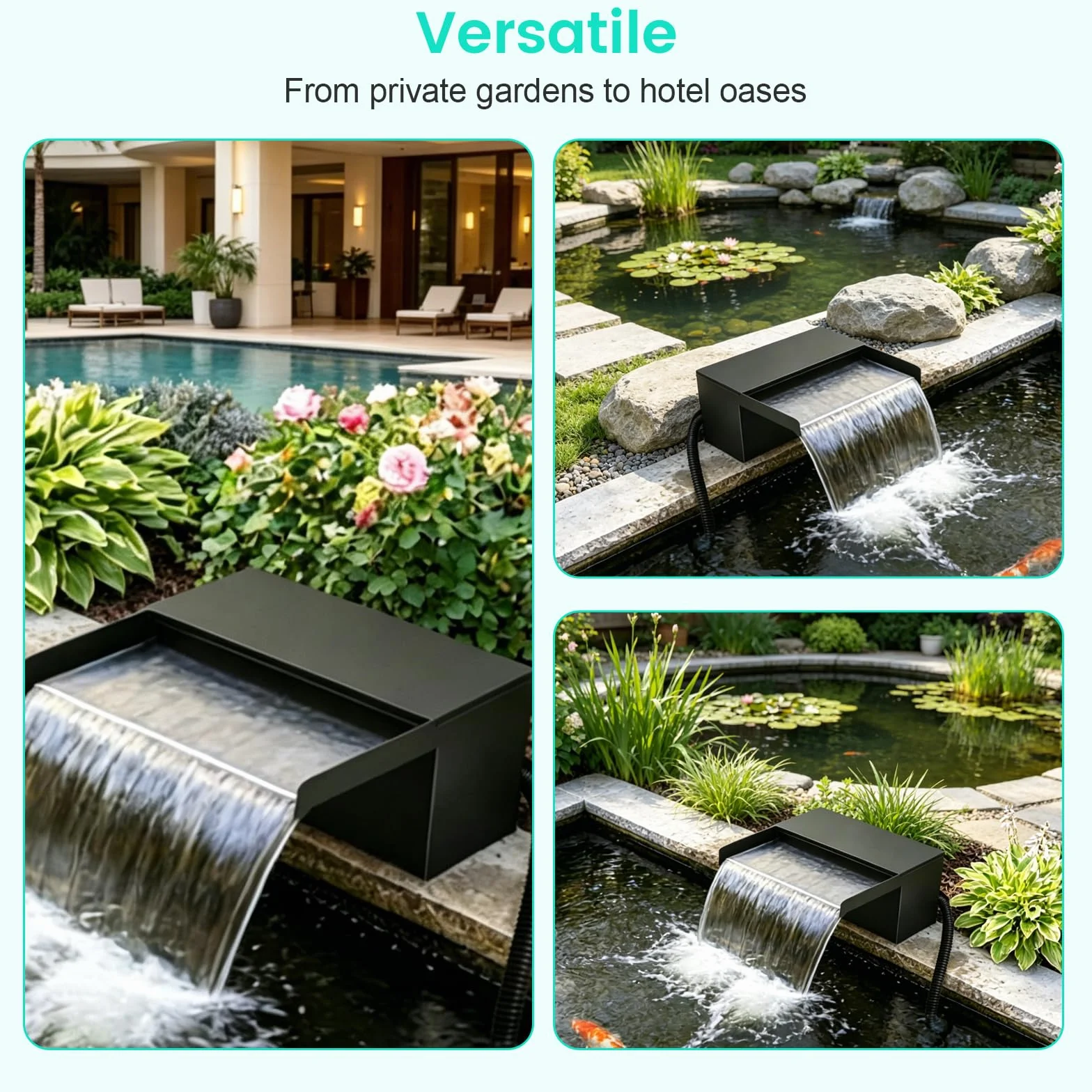 Cascade de bassin en acier inoxydable 20 cm avec pompe 2500 l/h et filtre, tuyau 3 m résistant au gel
