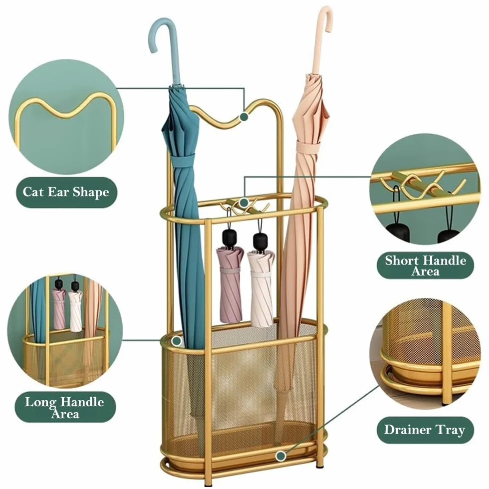 Porte-parapluie en métal doré support autoportant avec crochets et plateau d'égouttement