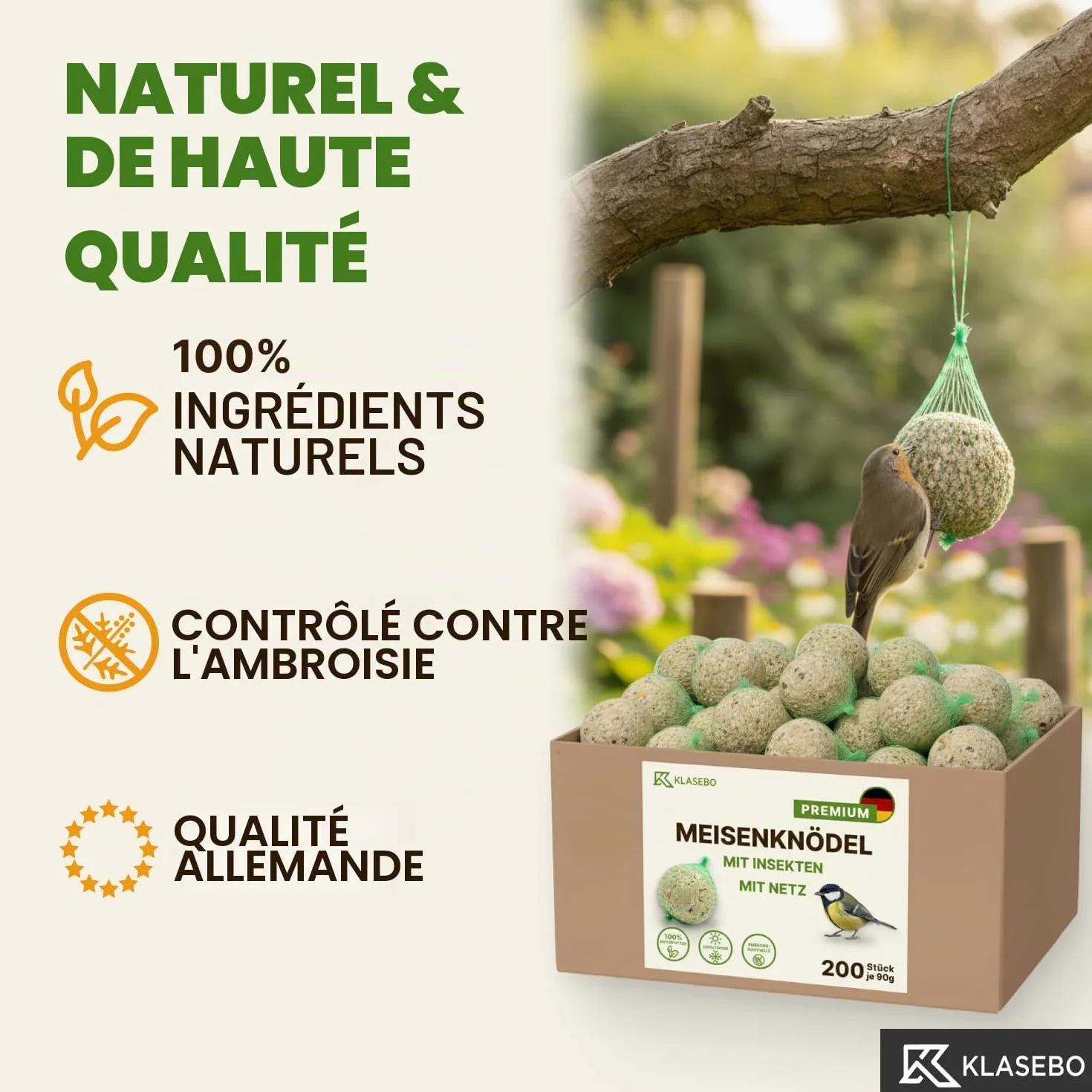 KLASEBO Boules de Graisse Oiseaux avec Insectes 200 x 90 g Filet