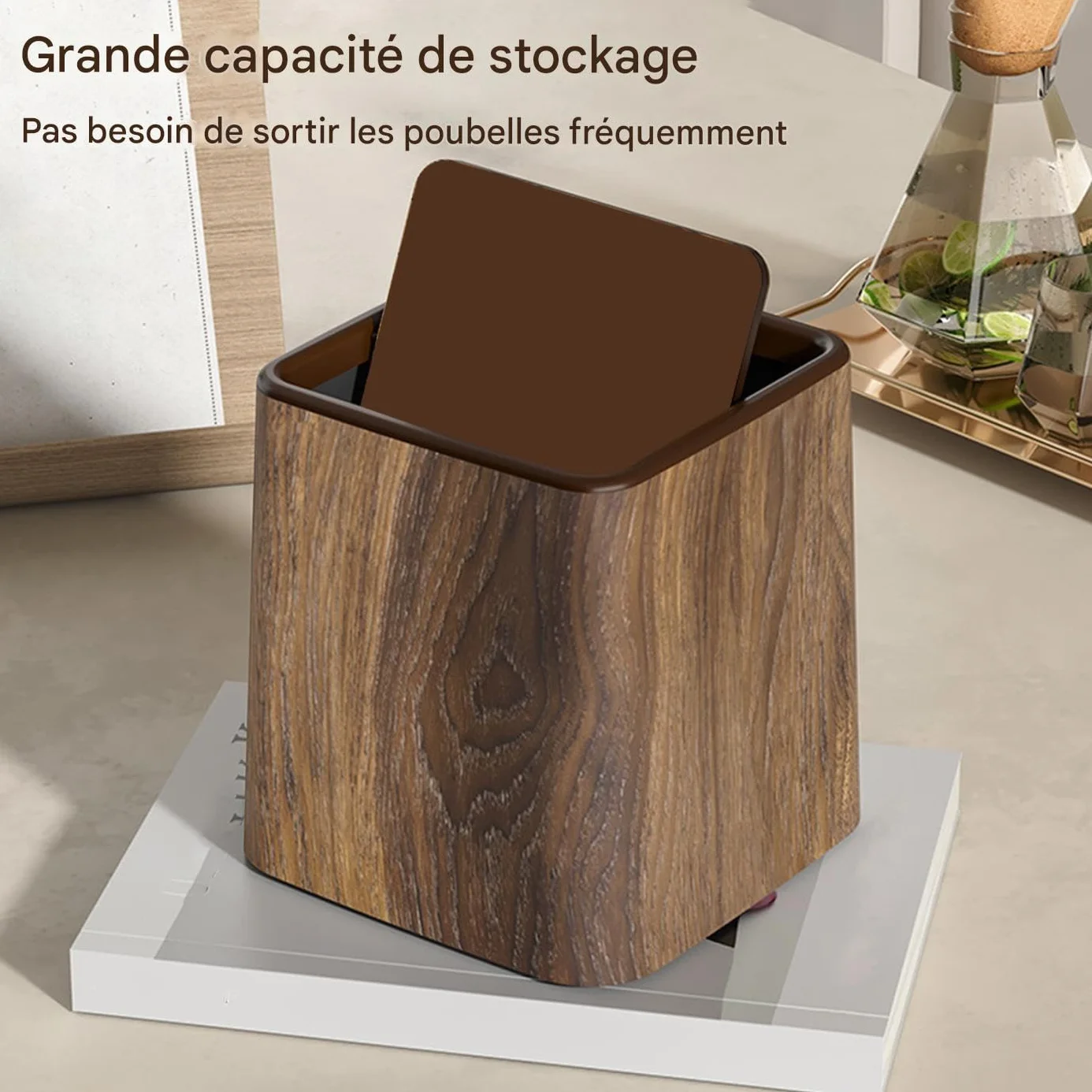 Poubelle De Bureau Avec Couvercle Imitation Bois 14.7x14.7x15.3cm Corbeille Recyclage Rétro
