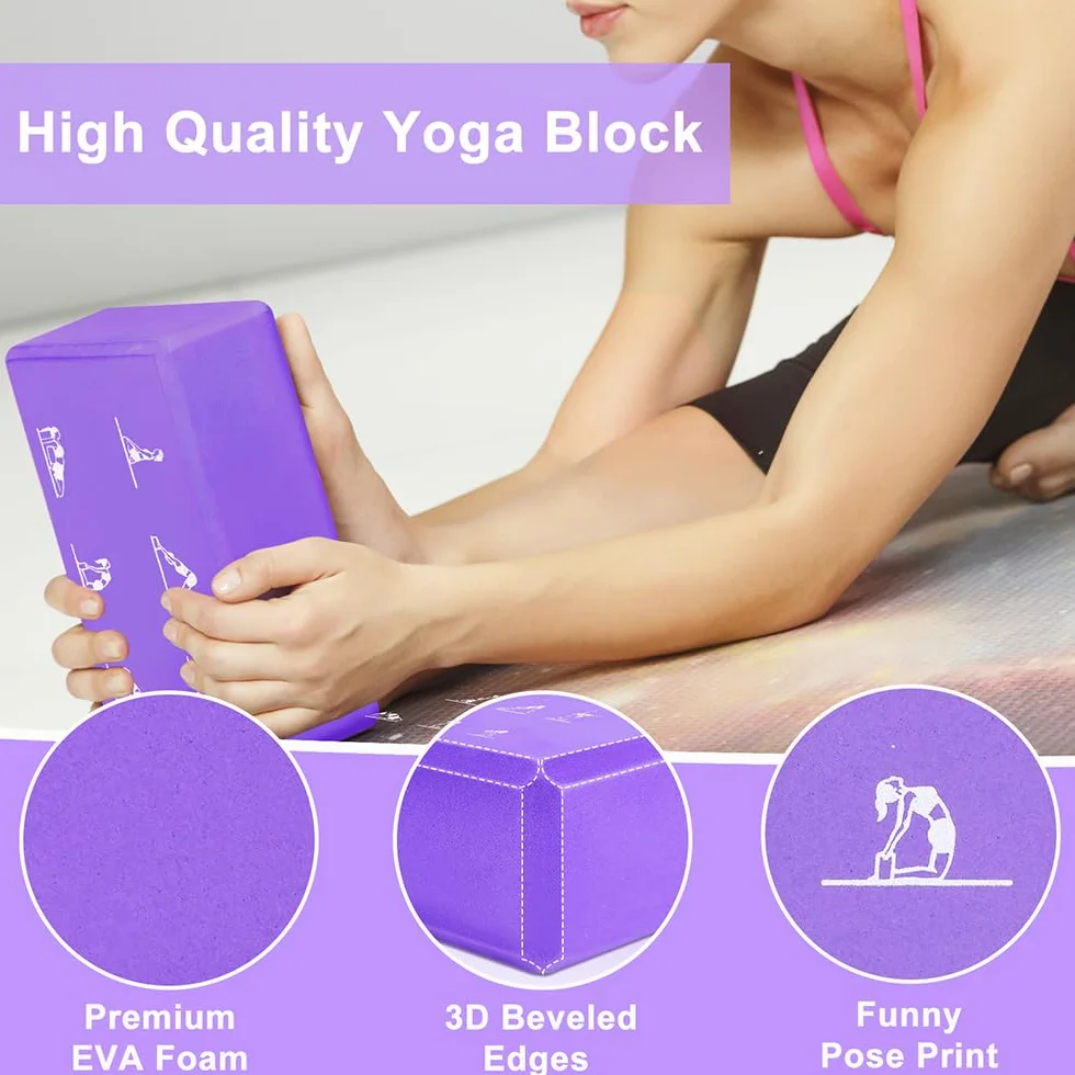 Lot de 2 blocs de yoga et sangles de yoga - Blocs en mousse EVA haute densité - Briques antidérapantes avec sangle de 6 m - Kit de blocs de yoga sans latex - 23 x 15 cm