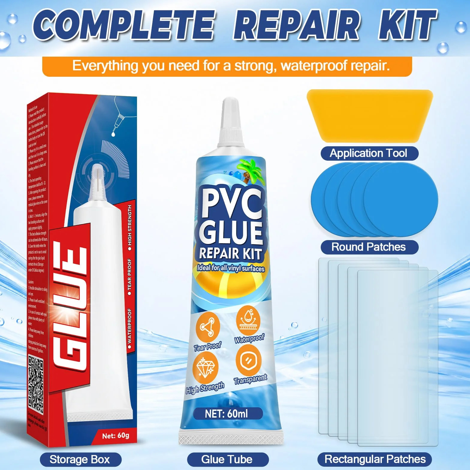 Vigorder Kit Réparation Piscine 60ml, Patch Vinyle Étanche pour Gonflables PVC