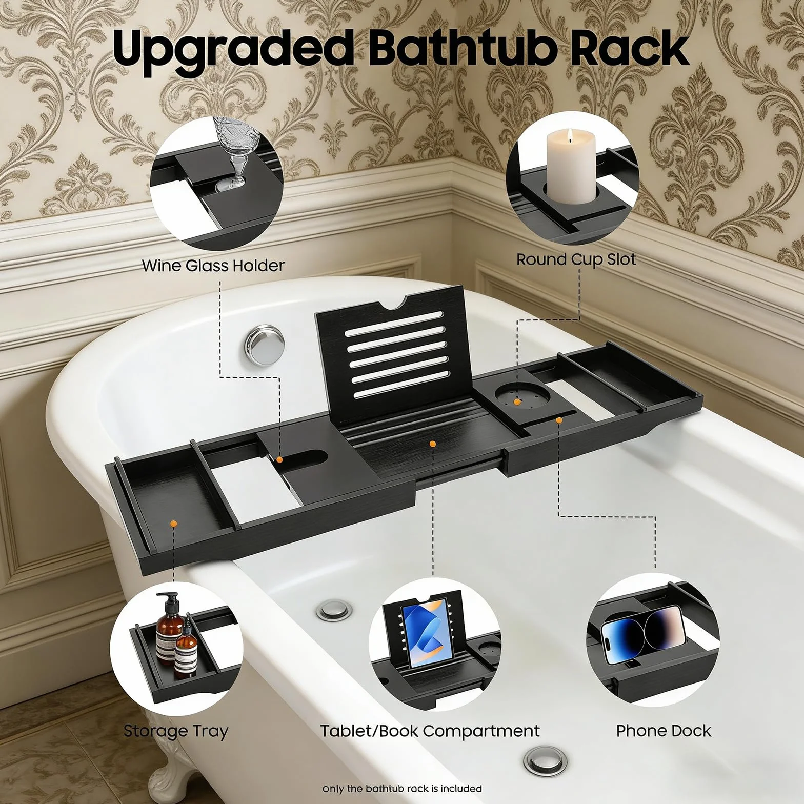 Étagère de baignoire extensible en bambou réglable 75-111 cm Noir