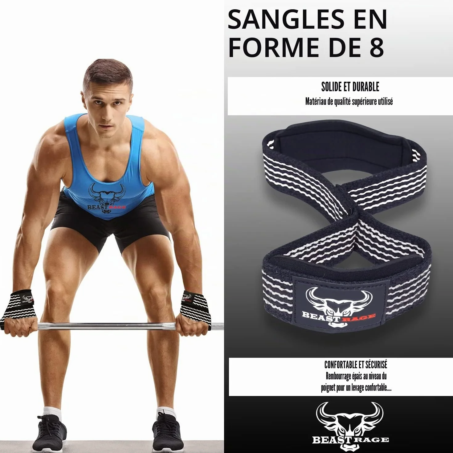 BEAST RAGE Sangles d'haltérophilie rembourrées en coton