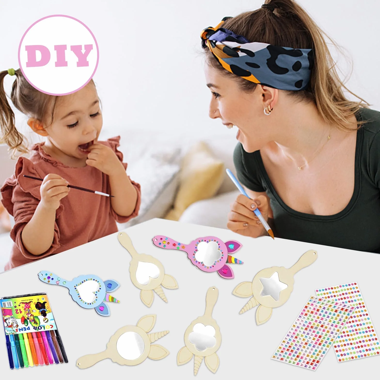 Kit Bricolage Miroir Licorne, Artisanat en Bois à Peindre avec Stylos Aquarelle et Autocollants Diamants, DIY Créatif pour Enfants