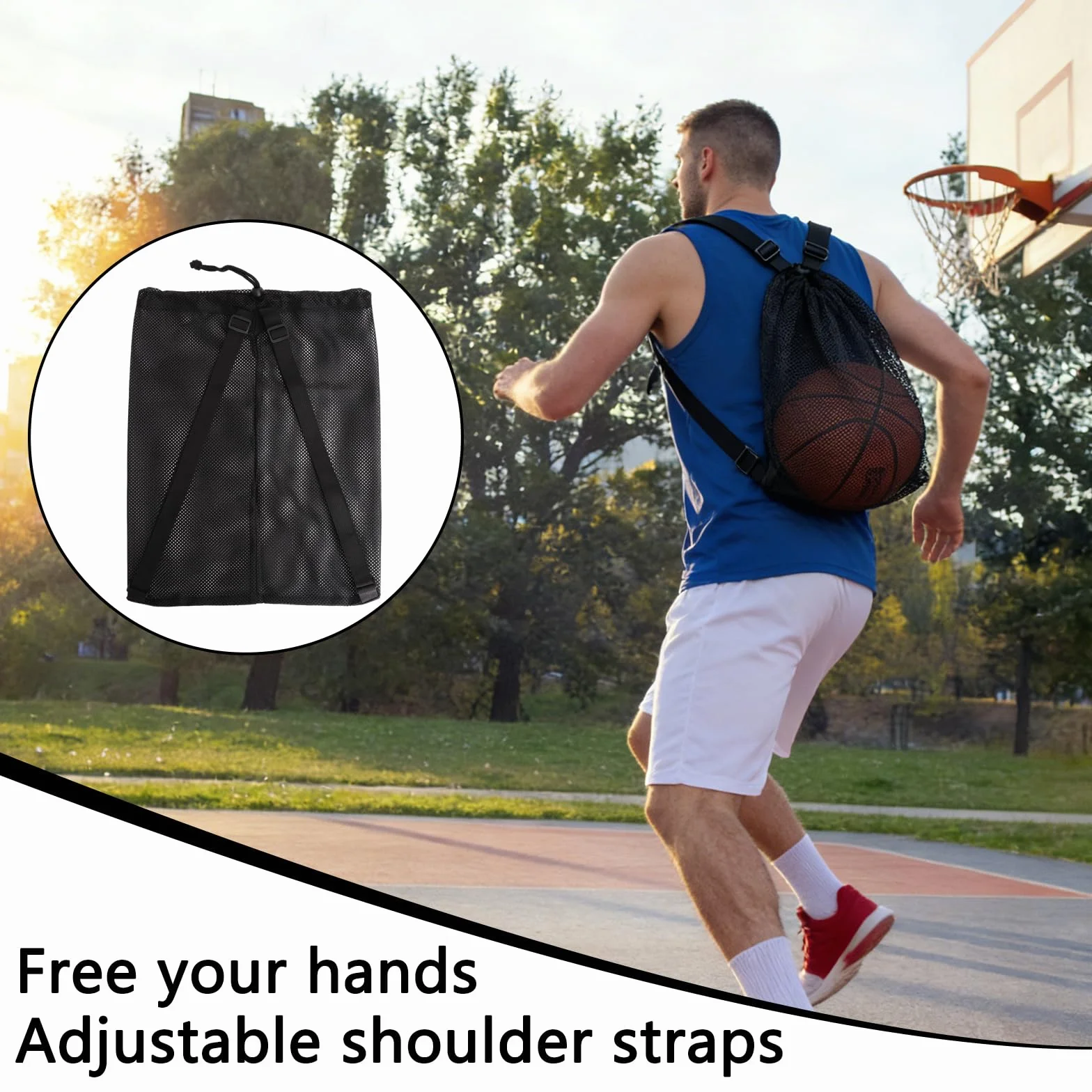 Lot de 2 sacs en maille filet pour ballon de basketball - 48 x 37 cm - Sac de gym avec cordon de serrage - Sac de basketball à suspendre - Sac de plage - Sac à dos en maille - Portable