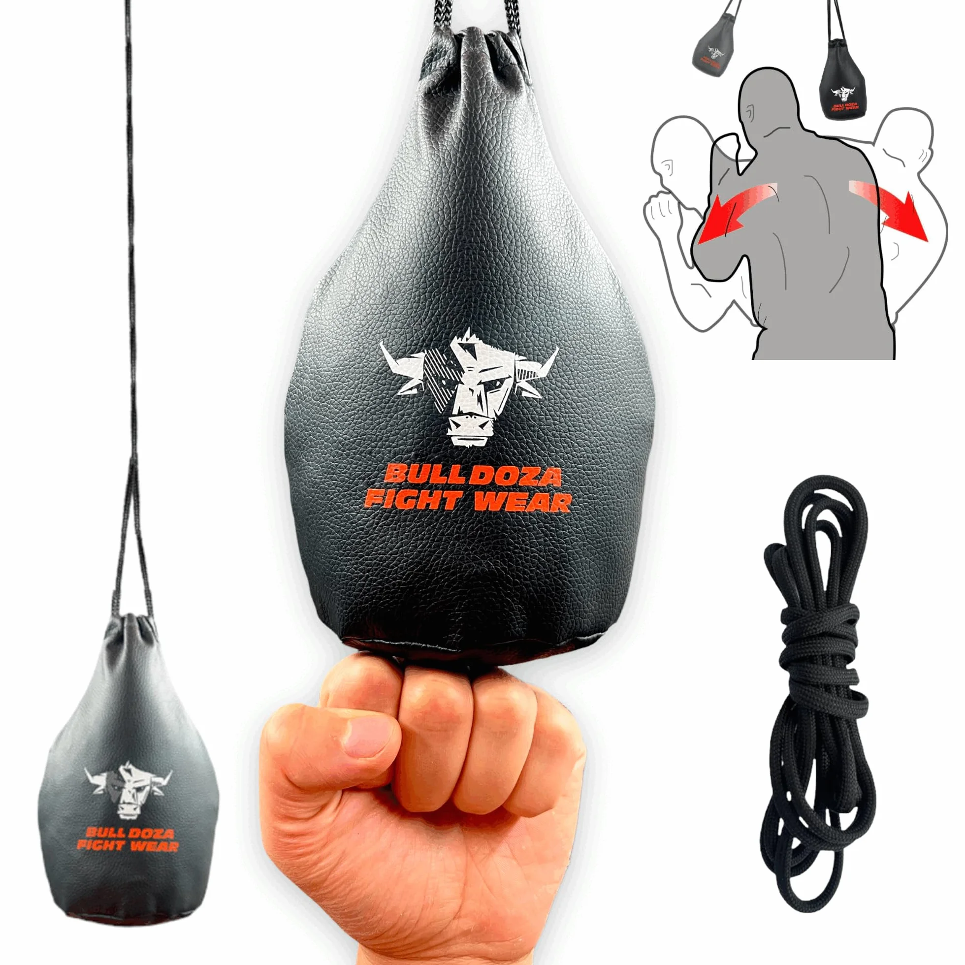 BULL DOZA FIGHT WEAR Slip Reaction Bag - Largeur de Frappe - 1 kg Une Fois rempli - Corde de 2 m Incluse - Sac de Frappe MMA - Noir - Sac de défense #1 1 (sans Boxe) (Noir)(M)