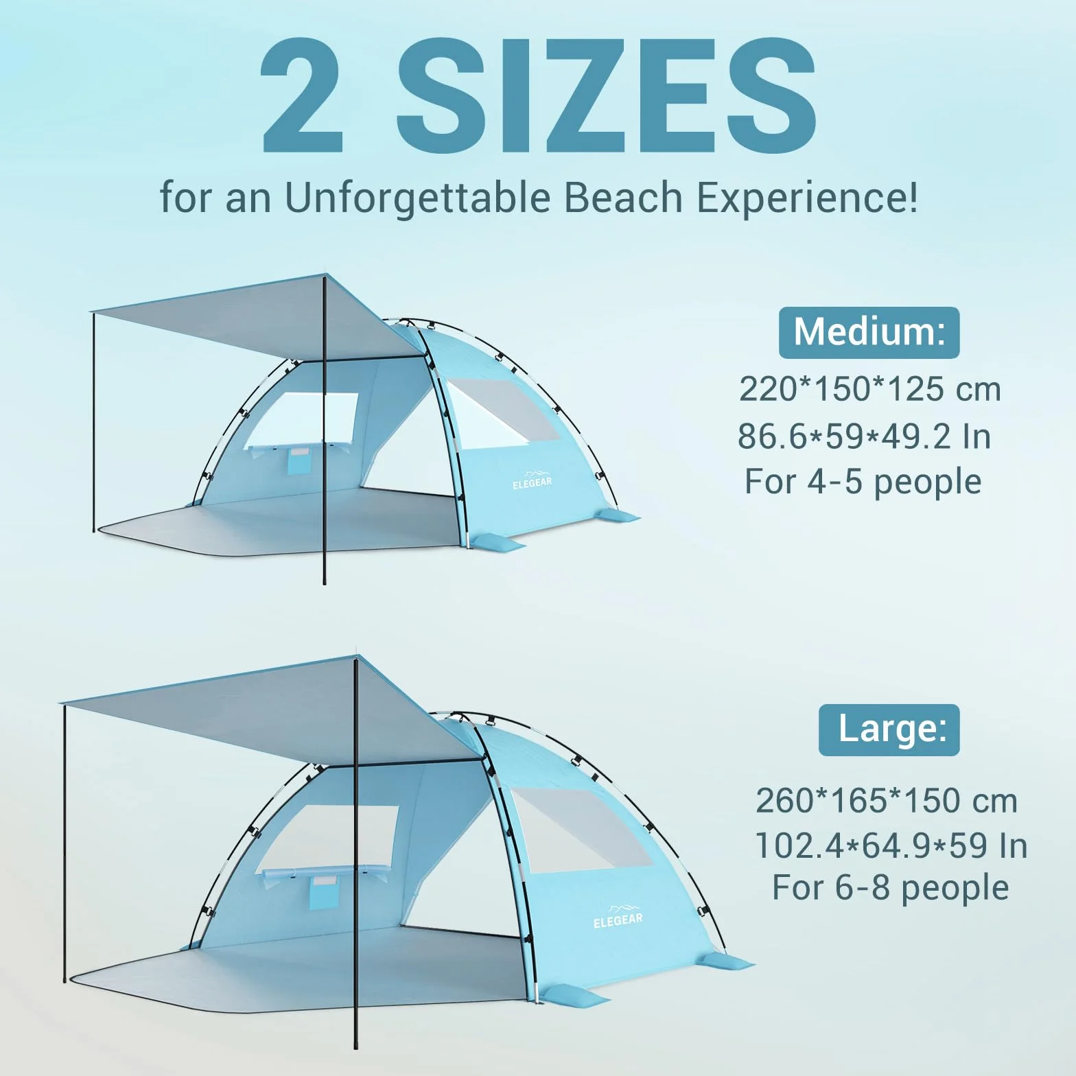 Elegear Tente de Plage Anti UV UPF 50+, Tente de Camping Famille avec Auvent pour 6-7 Personnes Ultralight Portable Abri de Plage avec Sac de Transport pour Extérieure Parc Pêche, 260*165*150CM, Bleu
