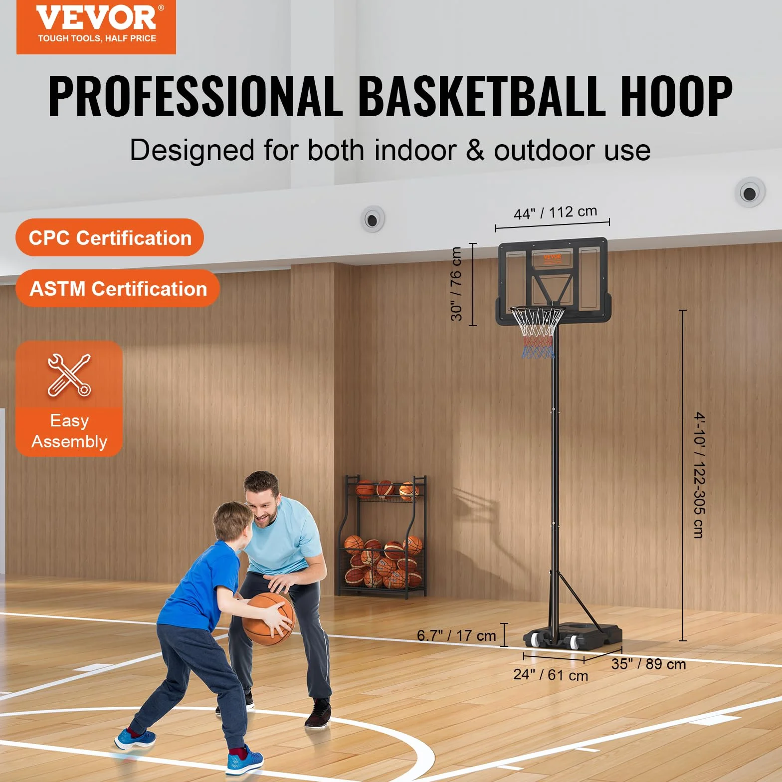 VEVOR Panier de Basket Extérieur Intérieur Portable Réglable en Hauteur 122-305 cm Panneau de Basket 112 cm sur Pied à roulettes avec Base de Lestage pour Adultes Enfants Entraînement de Basket-Ball