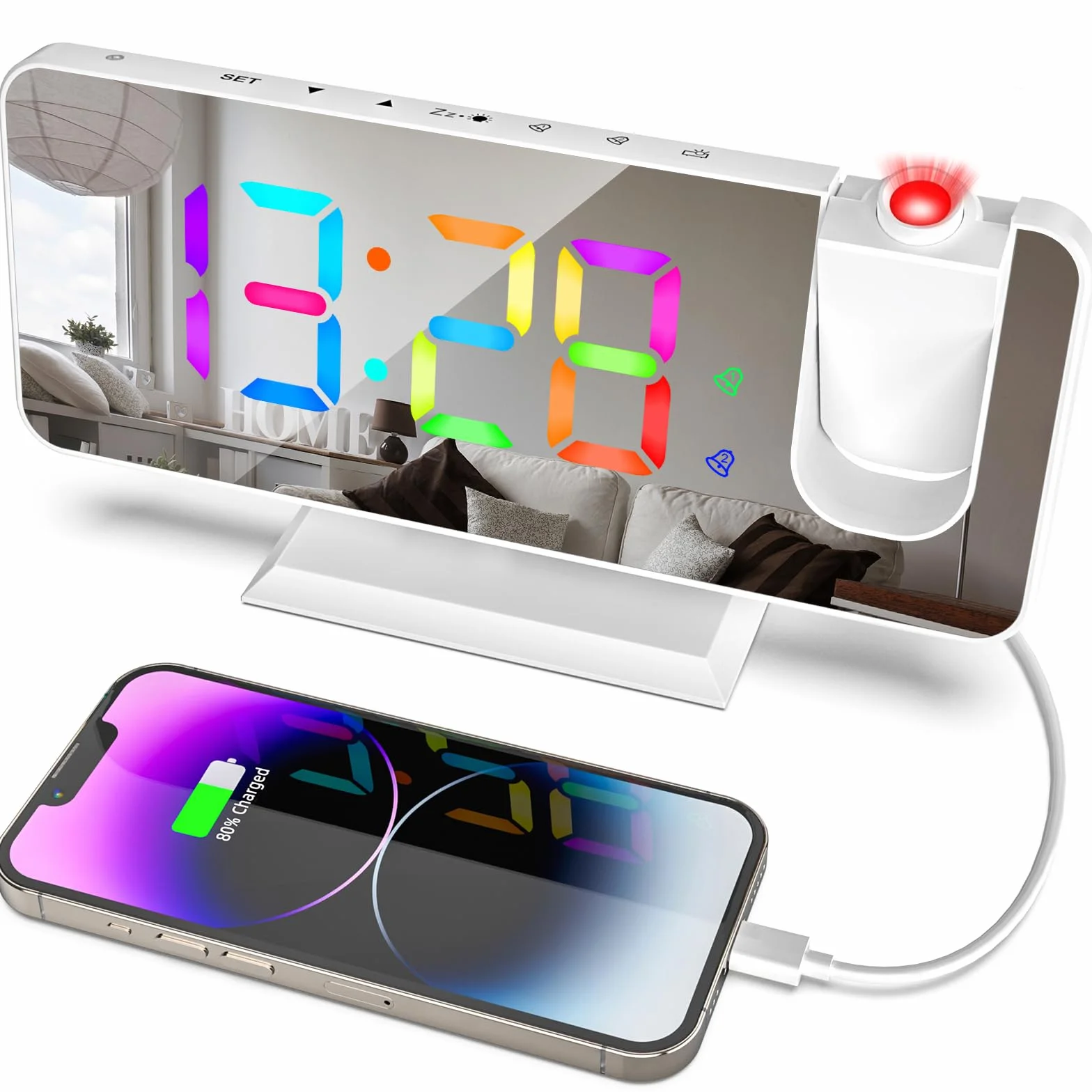 ThreeH Réveil Numérique à Projection avec Miroir LED RGB et Chargeur USB Double Alarme Blanc