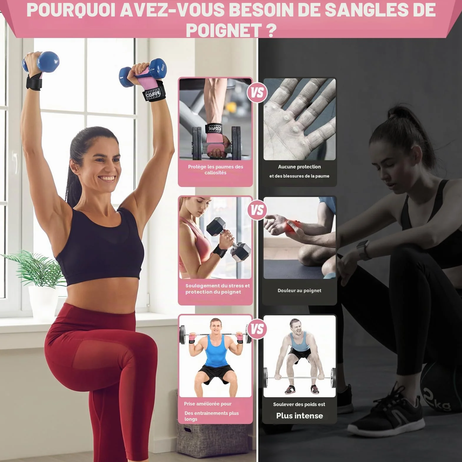 COFIT Sangles de Poignet Musculation, Bandages Cuir Oxford Double Couche, Adhérence Améliorée Protection Main Poignet