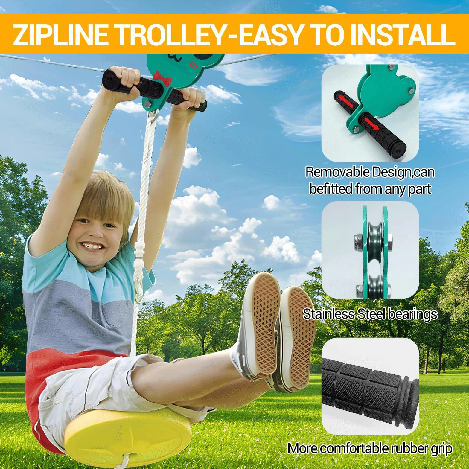 Slackline Set Tyrolienne Enfant Zipline kit 24m 80FT tyrolienne pour Enfants et Adultes, Jeu d'aventure, jusqu'à 150kg résistant, câble de sécurité et Frein à Ressort,Style Lion Orange