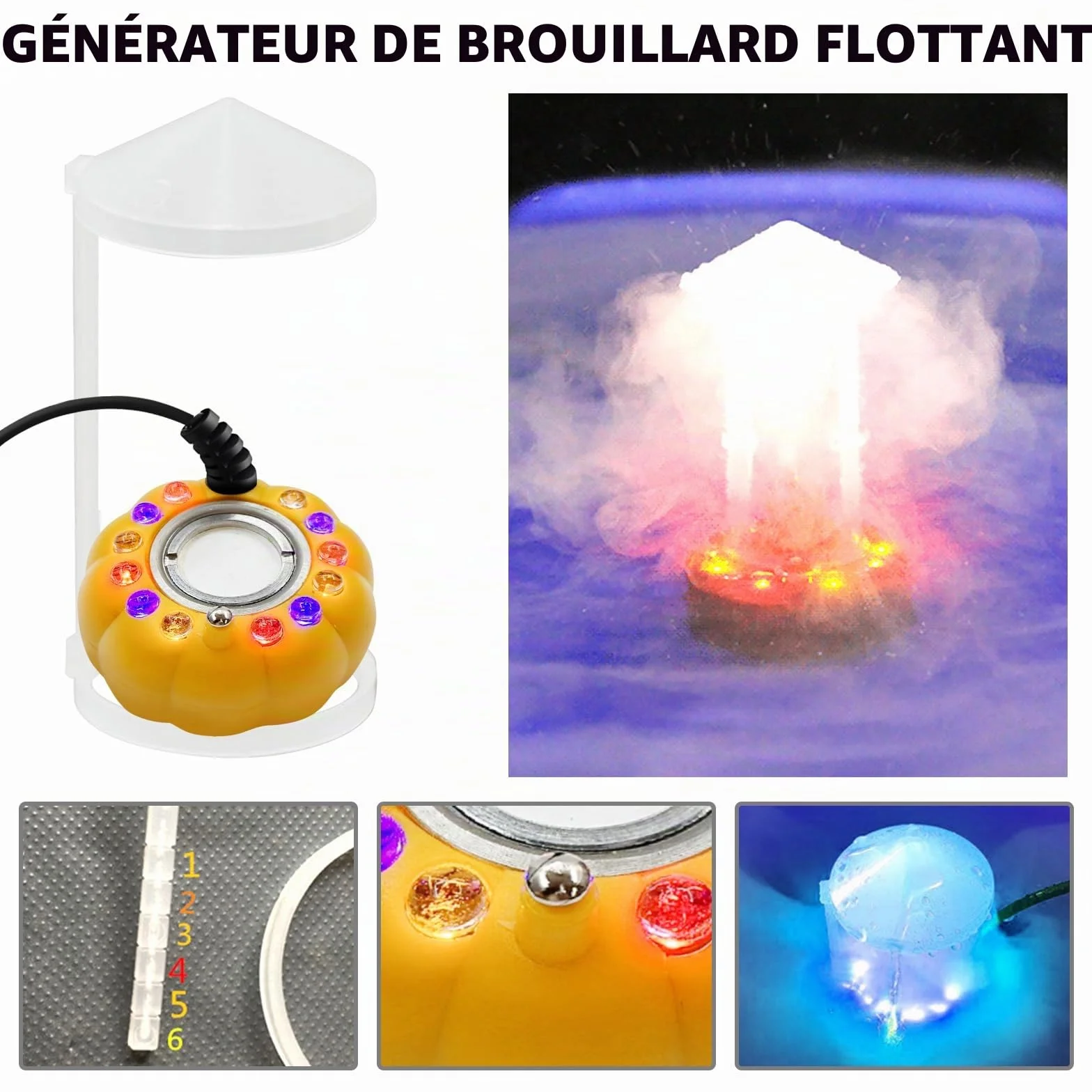 PORFOYO Nébuliseur à Ultrasons 12 LED Brumisateur Ultrason Mini Machine à Fumée d'Halloween avec Protection Anti-éclaboussures