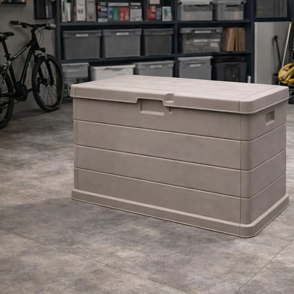 Baule Cassapanca Multi-usage 170LT Extérieur Intérieur Effet Bois Résine Taupe Conteneur Stockage