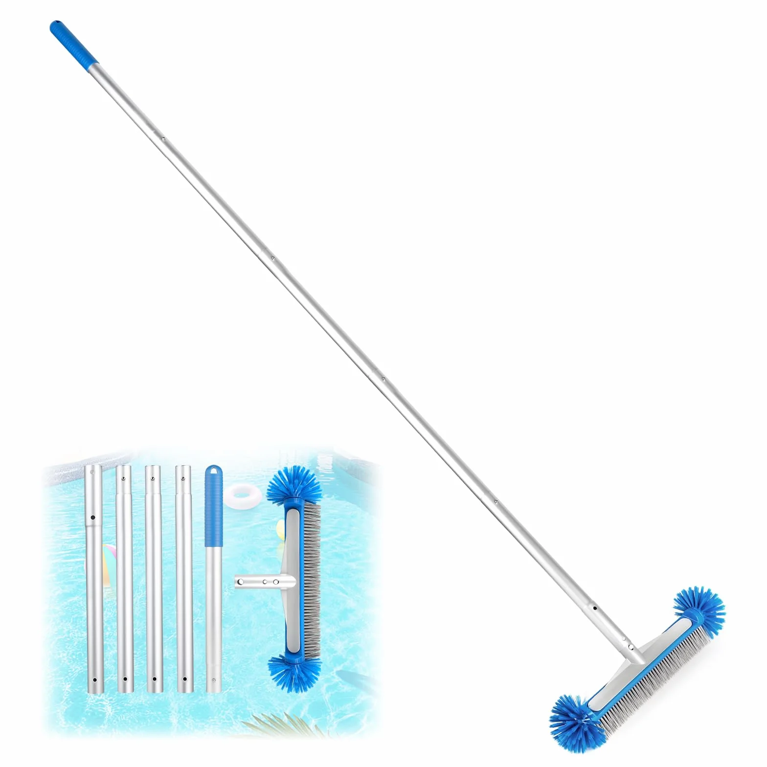 Brosse Piscine Ronde LALAGO avec Perche Amovible Poils Hémisphériques pour Mur et Carrelage