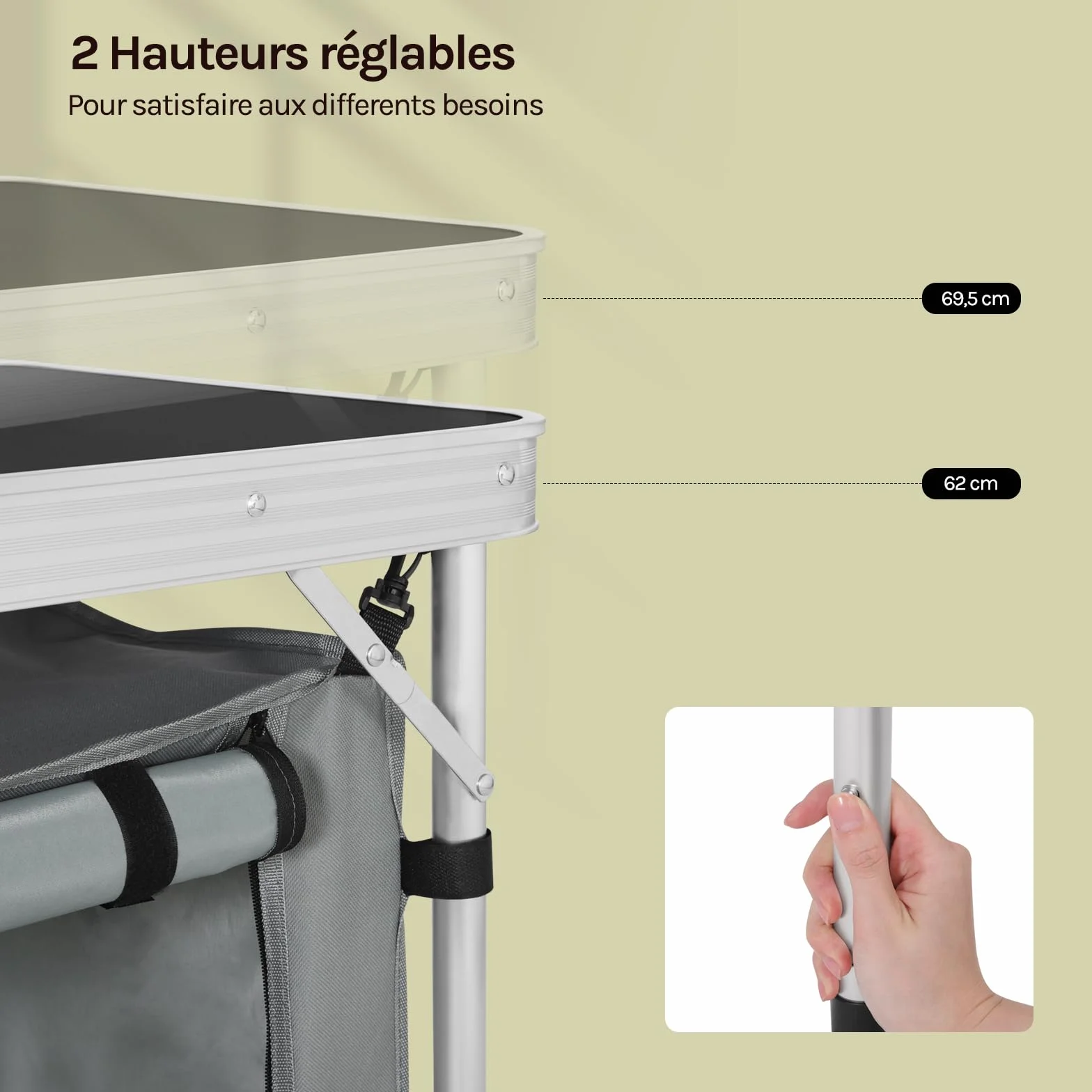 WOLTU Table de Pique-Nique Pliante en Aluminium Réglable en Hauteur pour 4-6 Personnes Noir + Gris