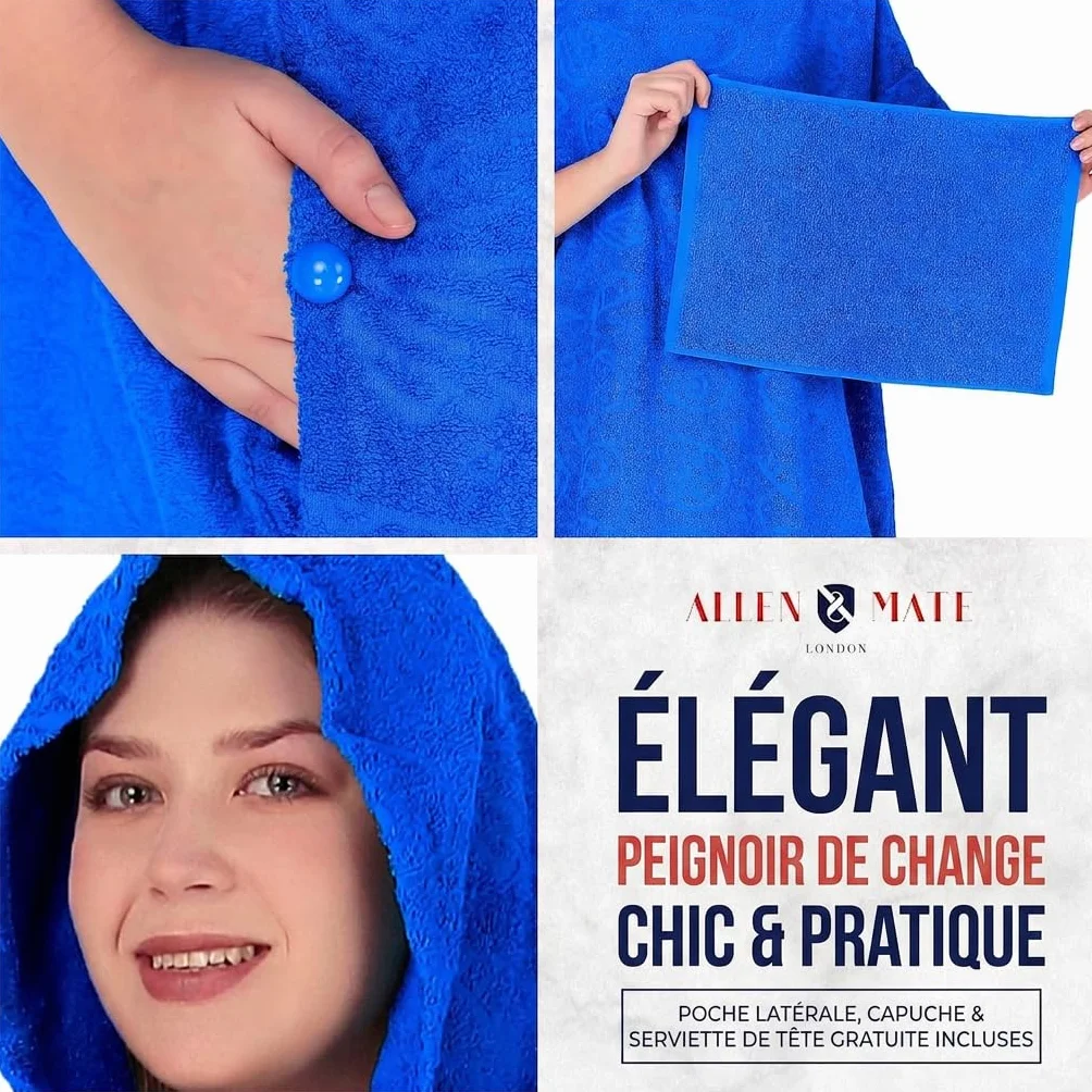 ALLEN & MATE Poncho de Surf à Capuche 100% Coton – Peignoir de Change Absorbant Plage & Piscine pour Homme et Femme