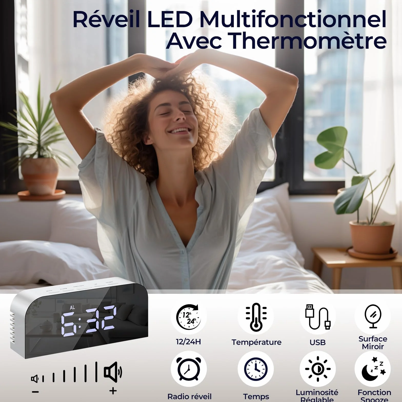 Vinabo Réveil de Chevet numérique avec 2 Ports USB, Radio-réveil Moderne, Horloge de Table 2 Niveaux de luminosité