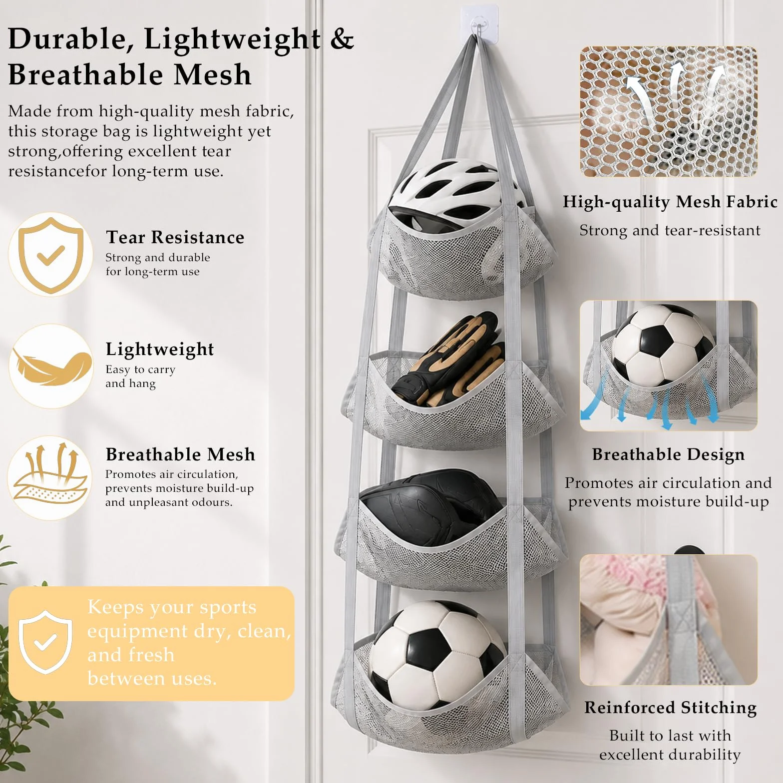 ONEJI Organisateur de Ballons en Filet à 4 Niveaux, Support de Ballons Vertical à Fixation sur Porte pour Basket, Football, Volleyball, Jouets, Rangement Gain de Place pour Garage, Maison et sous-Sol