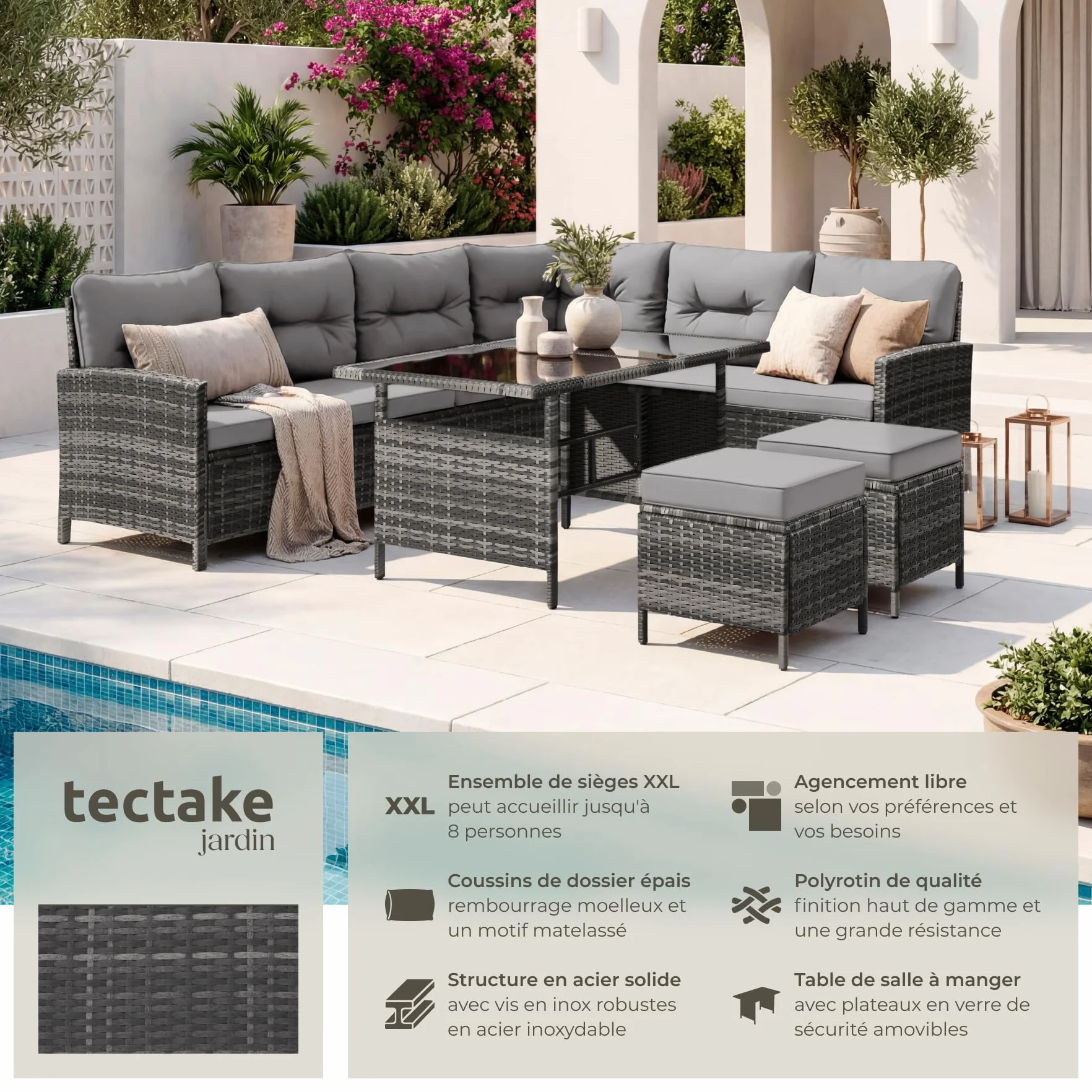 tectake Salon de Jardin Exterieur Rotin Modulable Canape Angle Table Verre 2 Tabouret Pouf Coussins Inclus