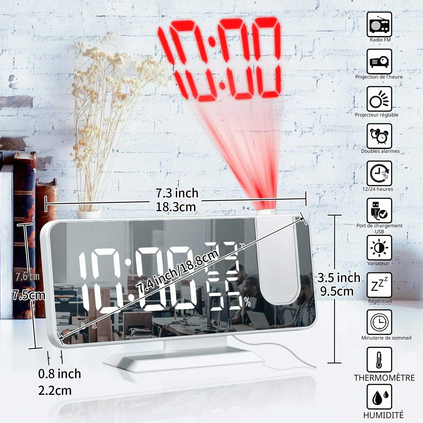 Réveil à Projection 180° Plafond Horloge Numérique Électrique Fonction Snooze 12/24H Volume Réglable Blanc
