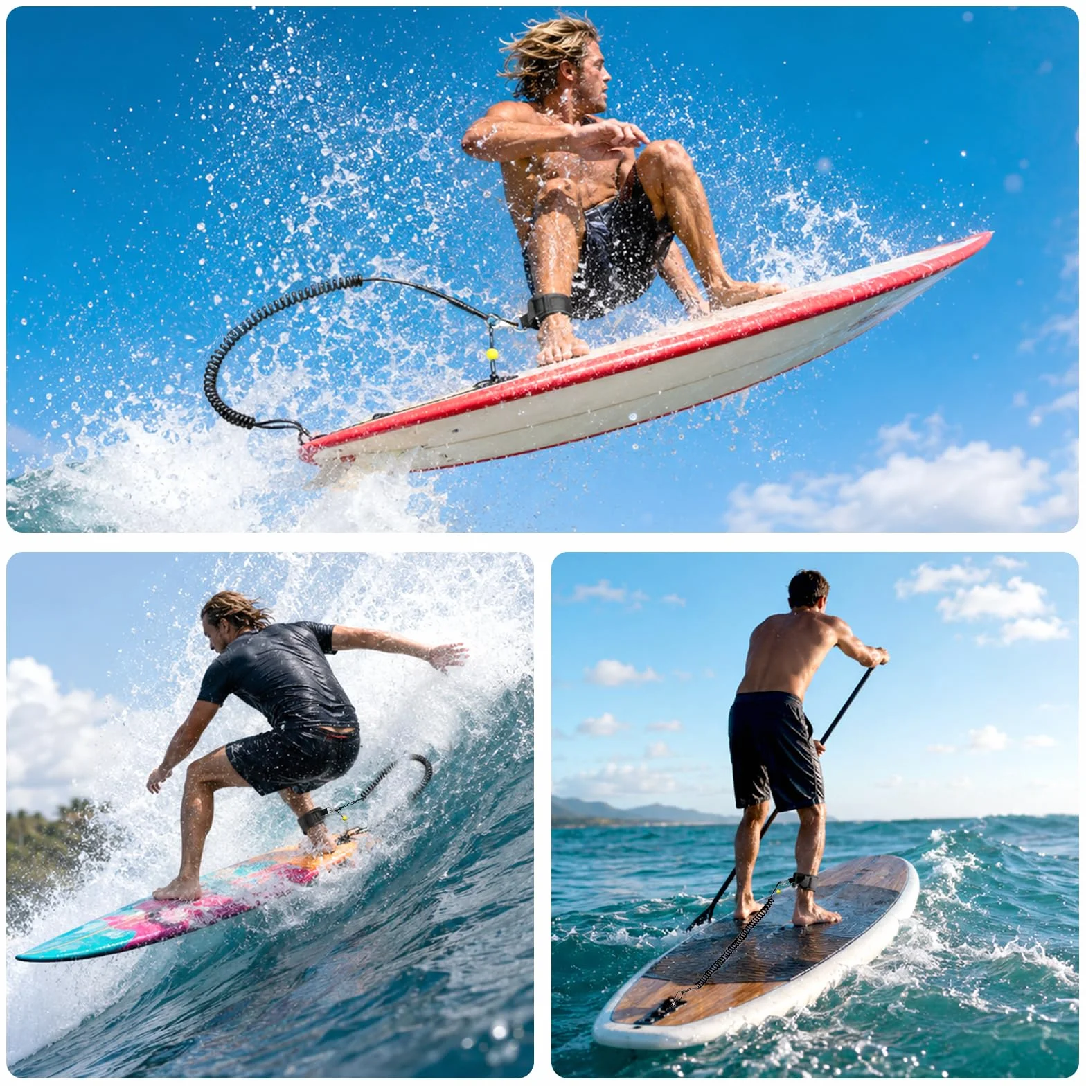 Leash de Surf, Cordon Sécurité Sup, Leashs Spirale Paddle pour Planche Stand up Board Surfboard Kayak