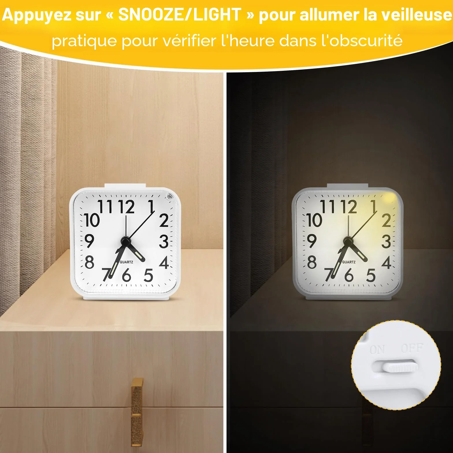 Réveil Analogique Silencieux à Quartz avec Snooze et Lumière, Portable Voyage à Piles