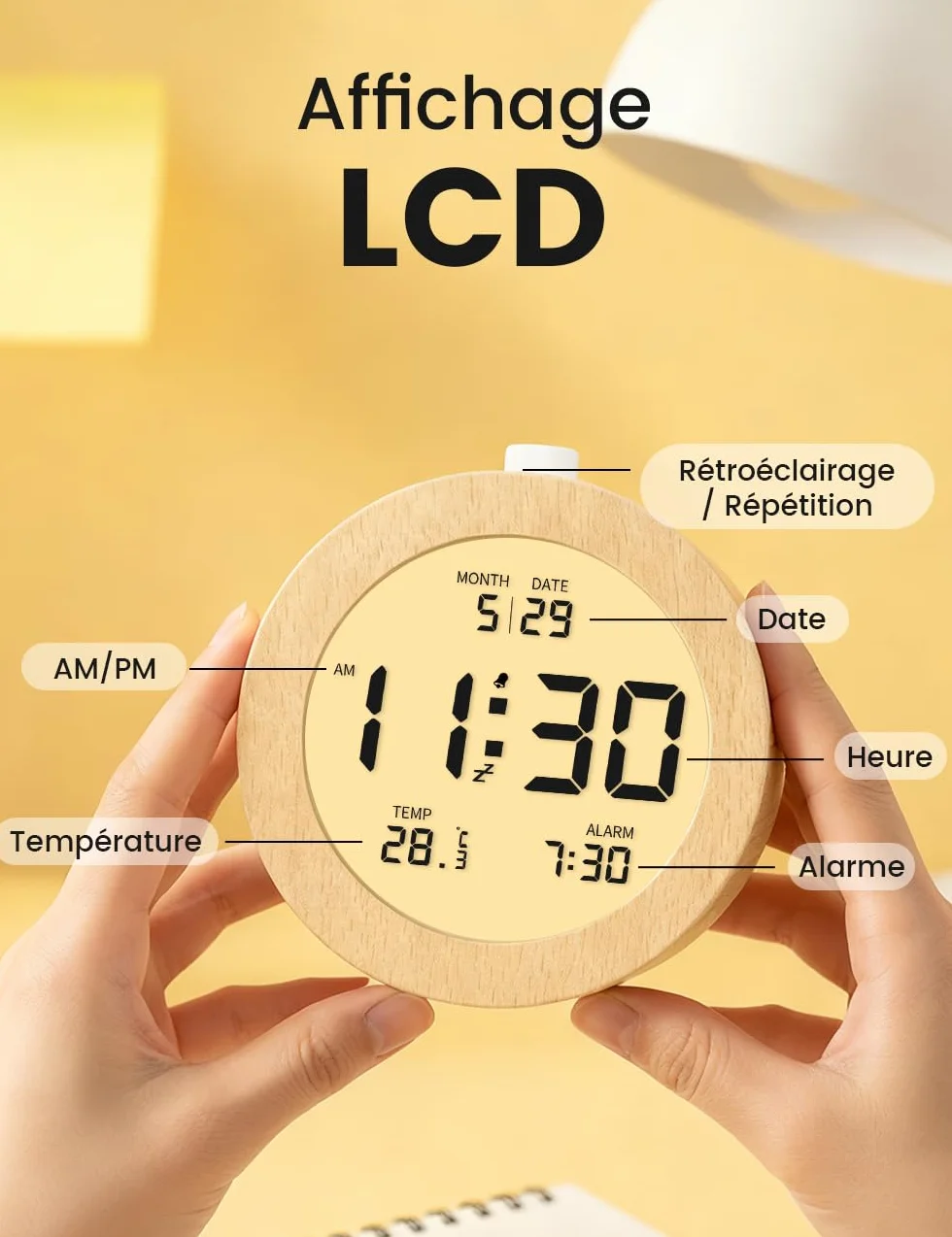 aboveClock Réveil Numérique en Bois avec Écran LCD, Température, Date, Snooze, Rétroéclairage, 3 Piles AAA
