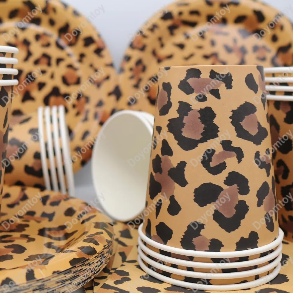 Vaisselle de Fête Léopard Anniversaire Set Assiettes en Papier Serviettes Tasses 20 Personnes