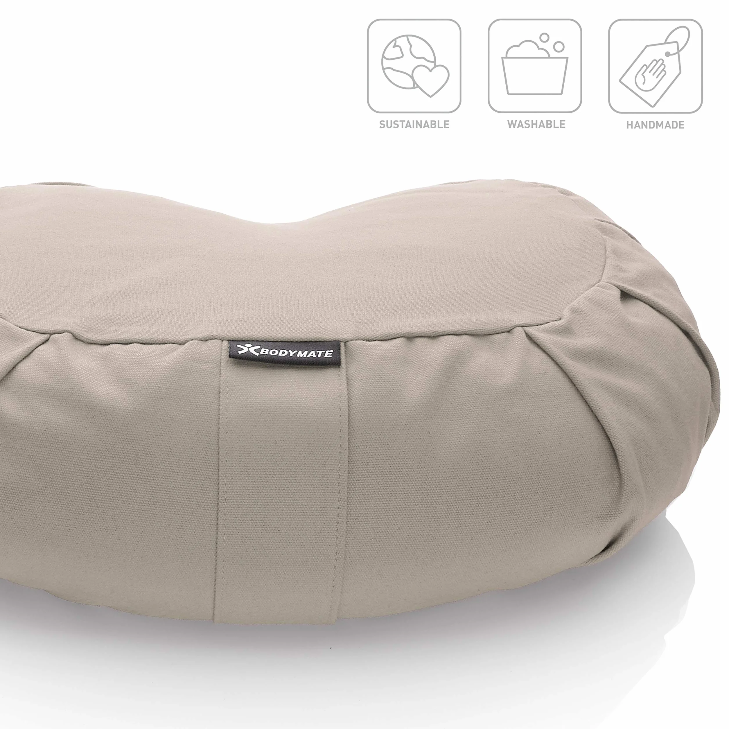 BODYMATE Coussin de yoga demi-lune 42 cm de long, 30 cm de large et 15 cm de haut avec rembourrage en fourrure de sarrasin – Housse lavable en machine en 100% coton extra épais – Coussin de