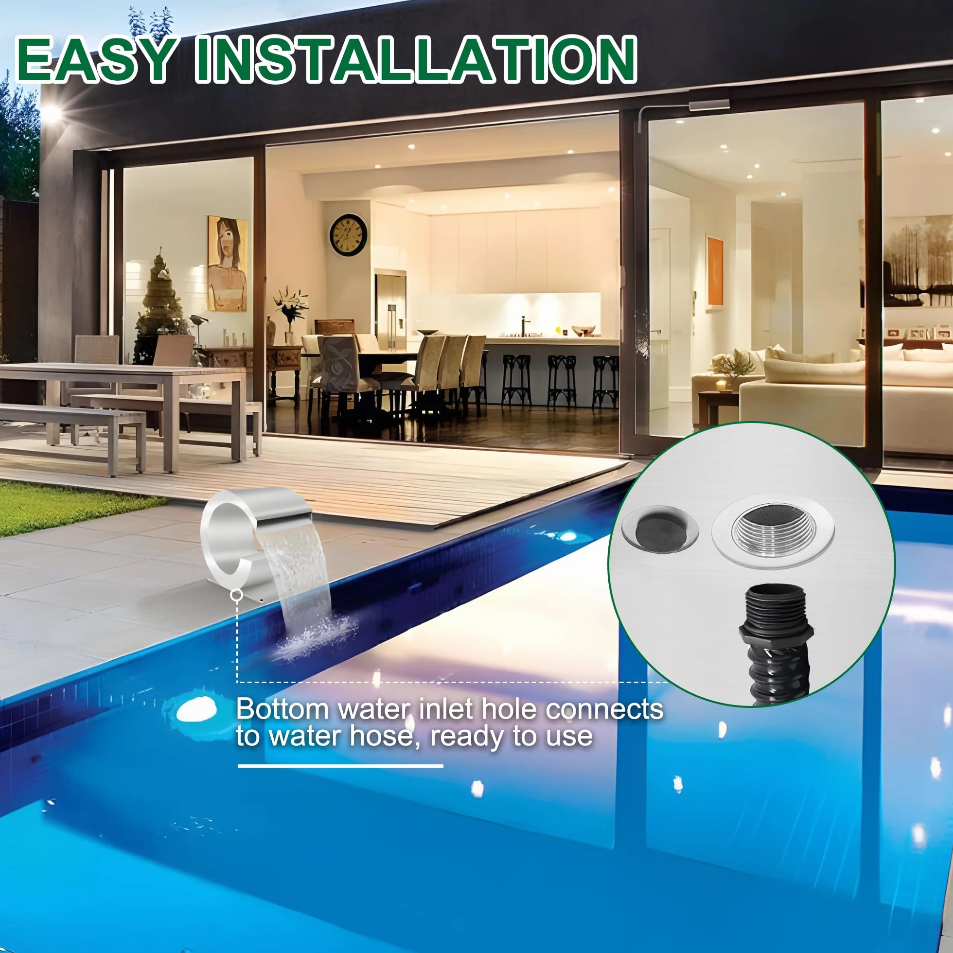 Cascade Évier en Acier Inoxydable pour Piscine, Fontaine avec Accessoires, Kit de Bassin en Forme de J