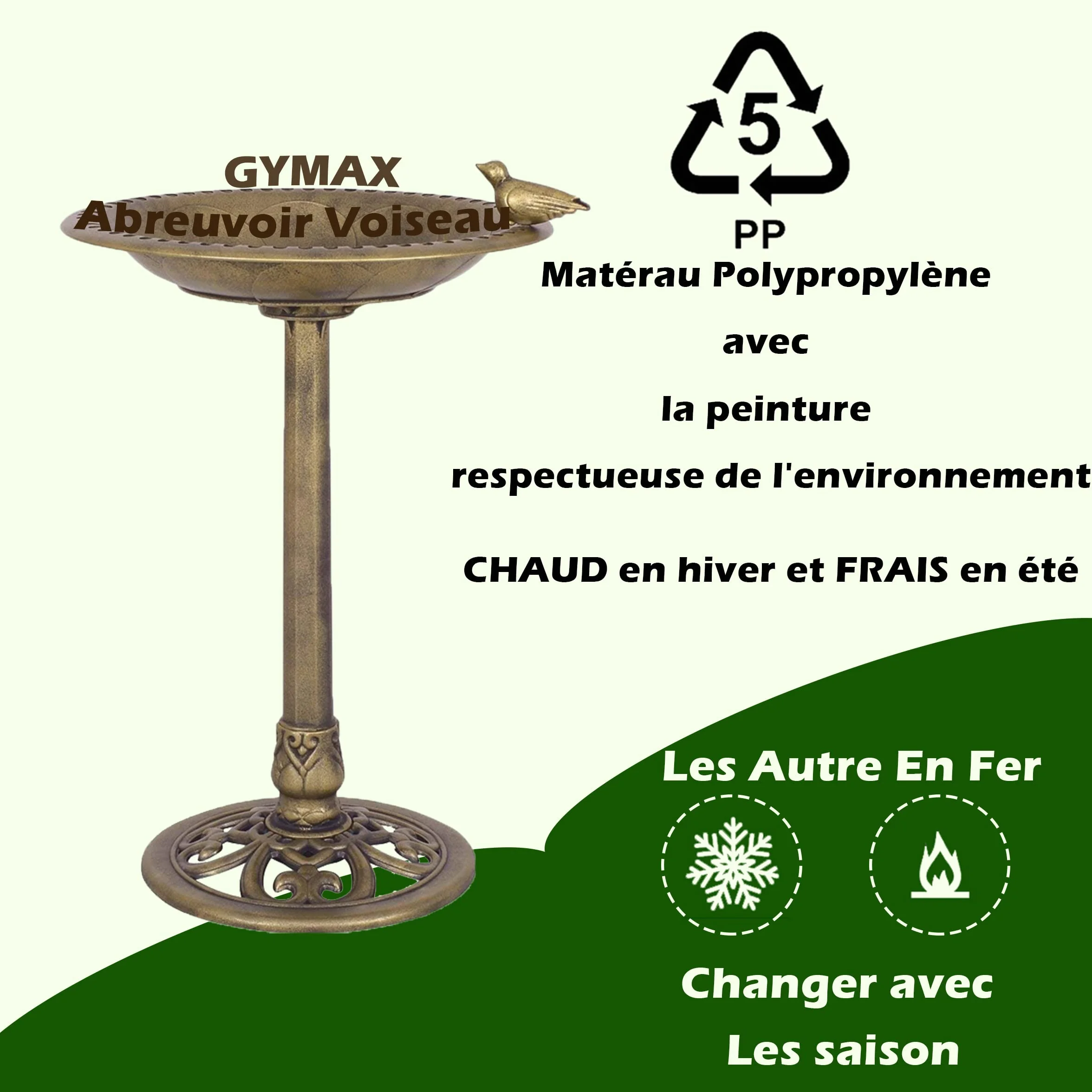 GYMAX Abreuvoir Oiseaux Exterieur sur Pied, Bain Oiseaux Sauvage Hauteur 70cm, Mangeoire Style Antique, Plateau Diamètre 50cm, PP, Cuivre