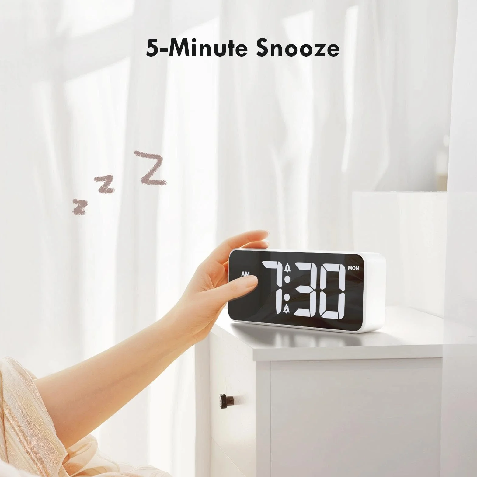 Réveil Numérique avec Grand écran LED, Double Alarme, Snooze, 10 Sonneries, Luminosité et Volume Réglables, 12/24H