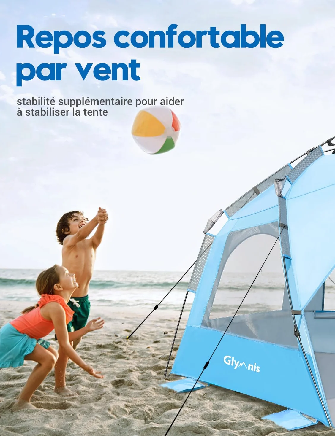 Glymnis Tente de Plage Quick Up Tente de Plage Automatique Protection UV 50+ Protection Contre Le Vent avec système Quick Up Petite Taille repliée pour 4 à 5 Personnes