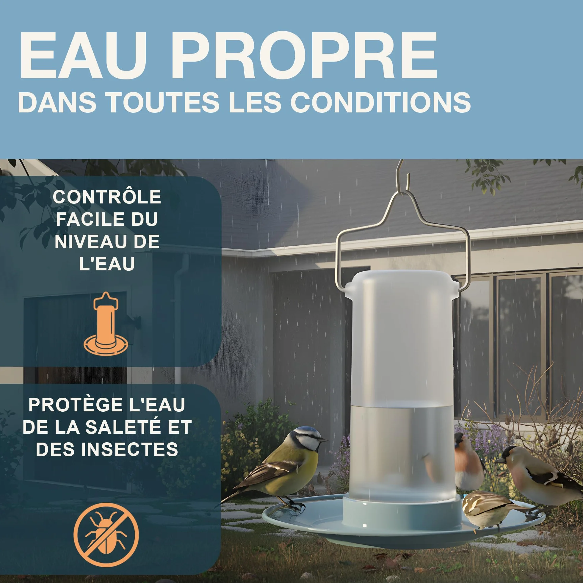 SWISSINNO Abreuvoir pour Oiseaux Zug Smart Birds Bleu Clair – Résistant aux UV Plastique PC et ASA Robuste – Distributeur d’Eau Balcon Terrasse Jardin
