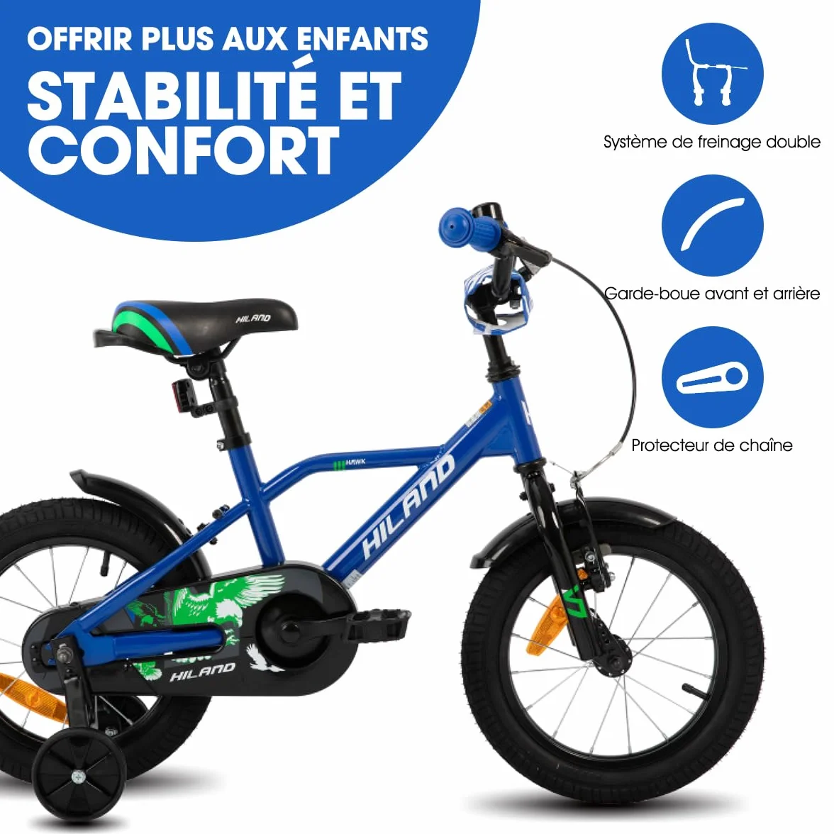 HILAND Hawk Vélo Enfant 12/14/16 Pouces, 2-6 Ans, pour Fille et Garçon, avec Roues Stabilisatrices, Frein à Main et Frein Rétropédalage, Plusieurs Couleurs