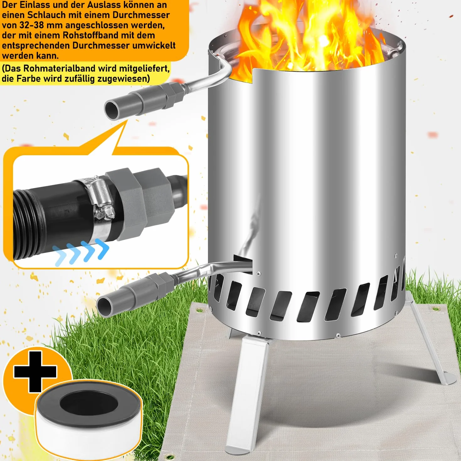 Chauffage de piscine en acier inoxydable avec feu - Raccords 32-38 mm - Tapis ignifuge et plateau