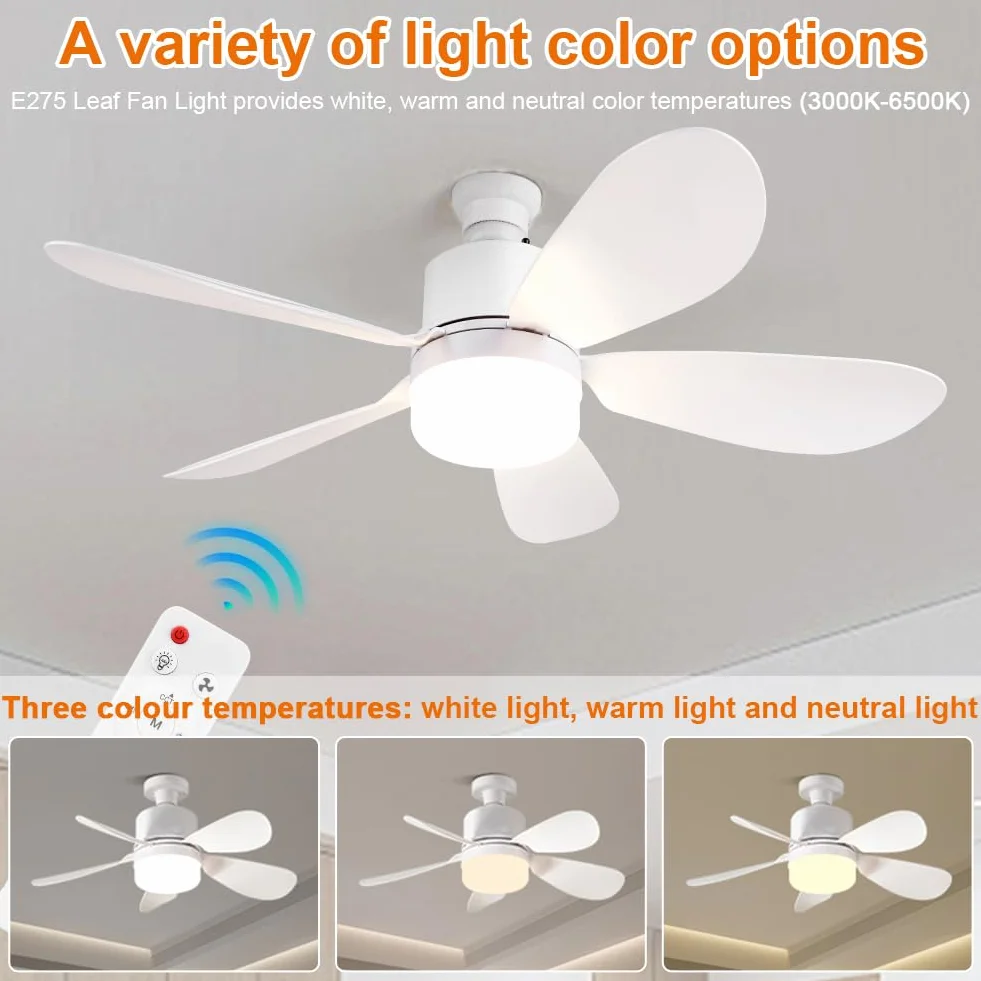 Ventilateur de Plafond avec Lumière LED Dimmable 52cm Silencieux 5 Pales 3 Vitesses Télécommande E27/E26