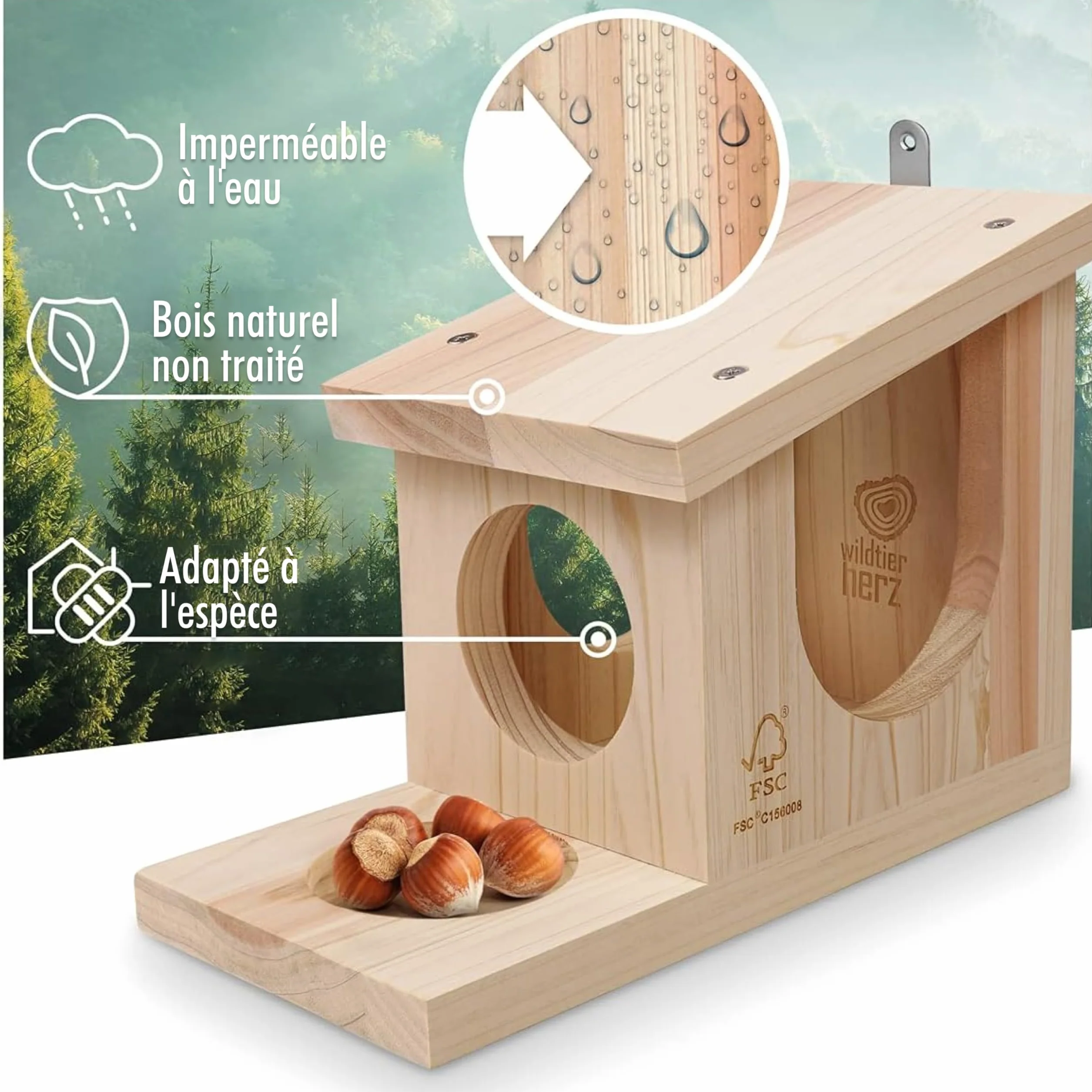 Mangeoire Écureuil en Bois Massif Imperméable Résistant aux Intempéries