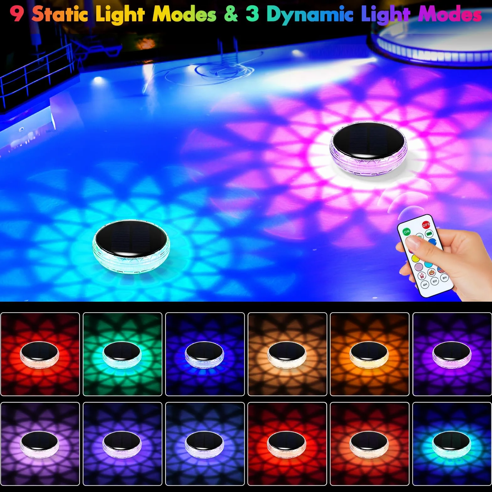 Lumière Piscine Flottante Solaire 2 Pièce Lampe Solaire Flottante avec Télécommande 9 Couleurs RGB 3 Modes Minuterie